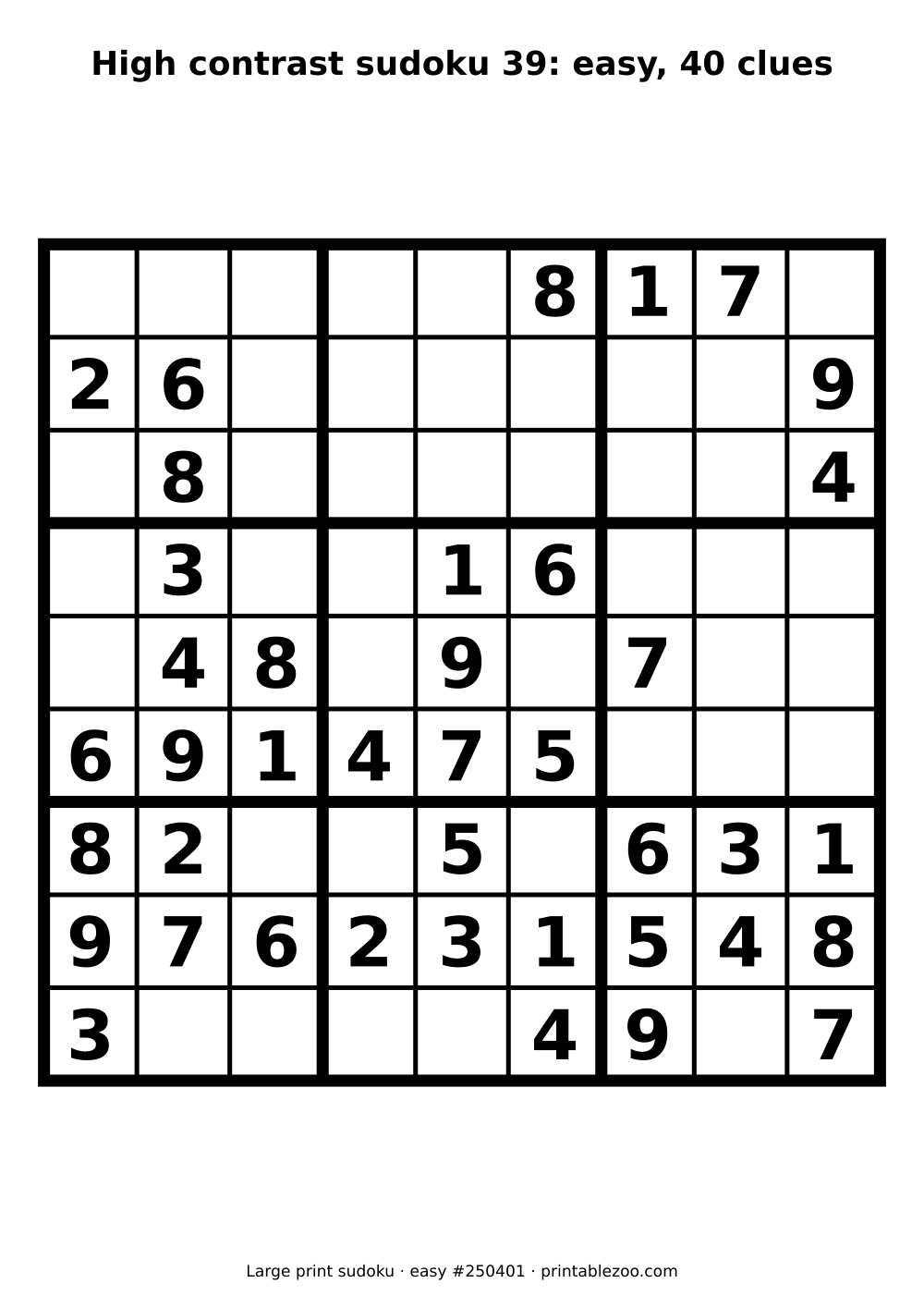 High contrast sudoku printable for low vision, easy, 40 clues, puzzle 250401