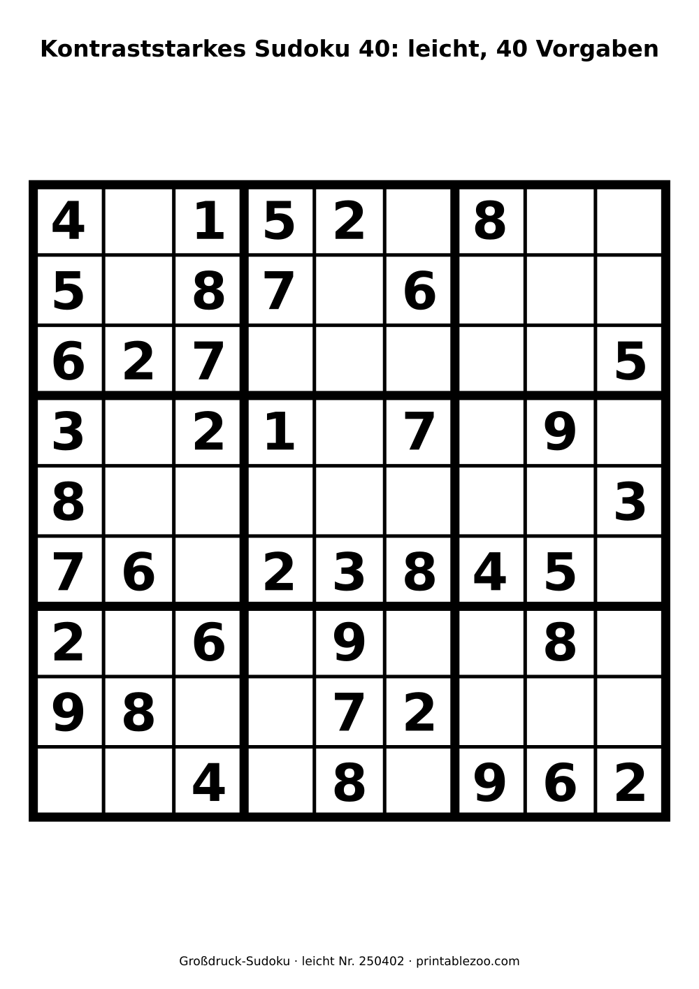 Kontraststarkes Sudoku bei Sehschwäche zum Ausdrucken, Stufe leicht, 40 Vorgaben, Rätsel 250402