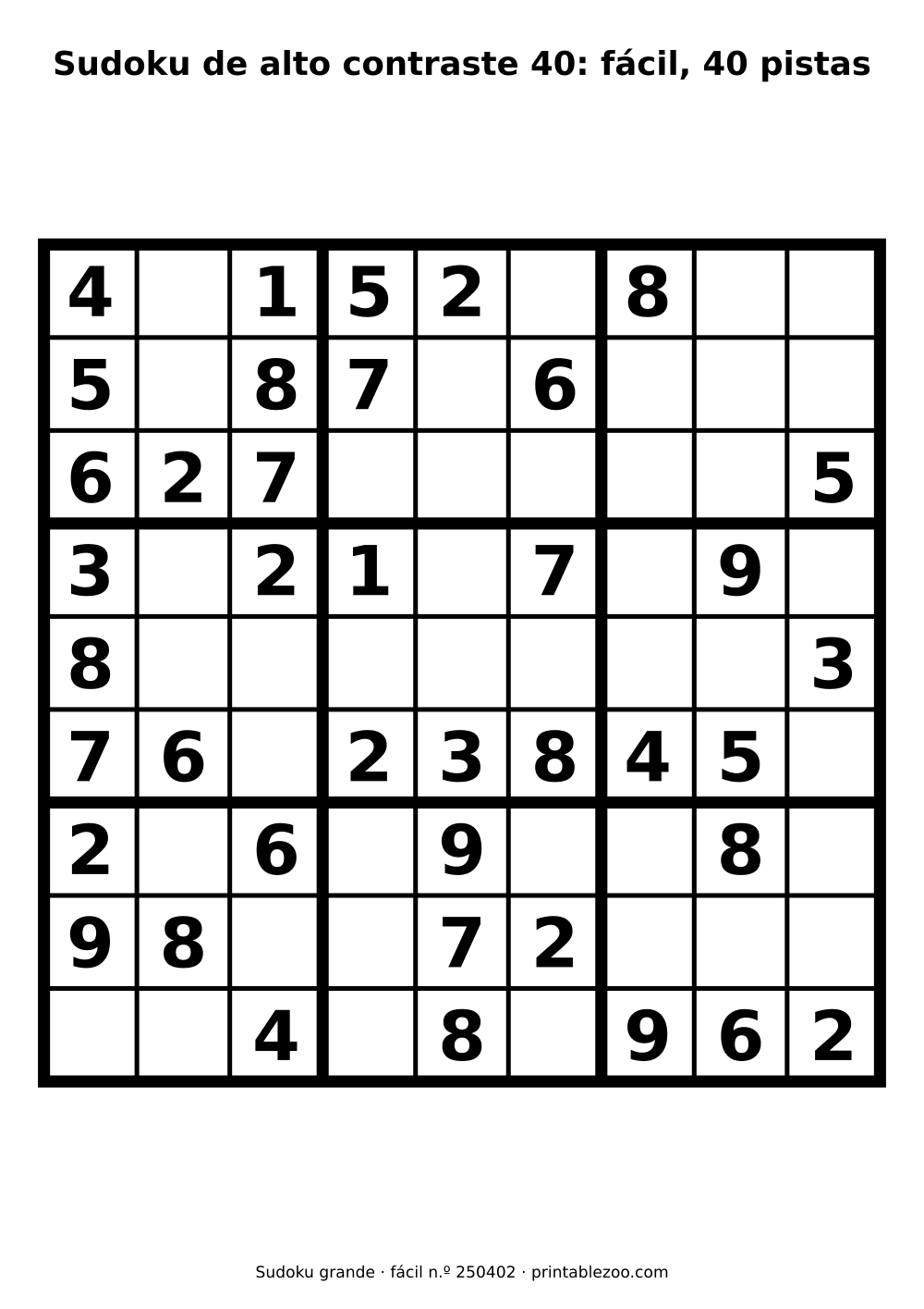 Sudoku de alto contraste para baja visión para imprimir, nivel fácil, 40 pistas, pasatiempo 250402