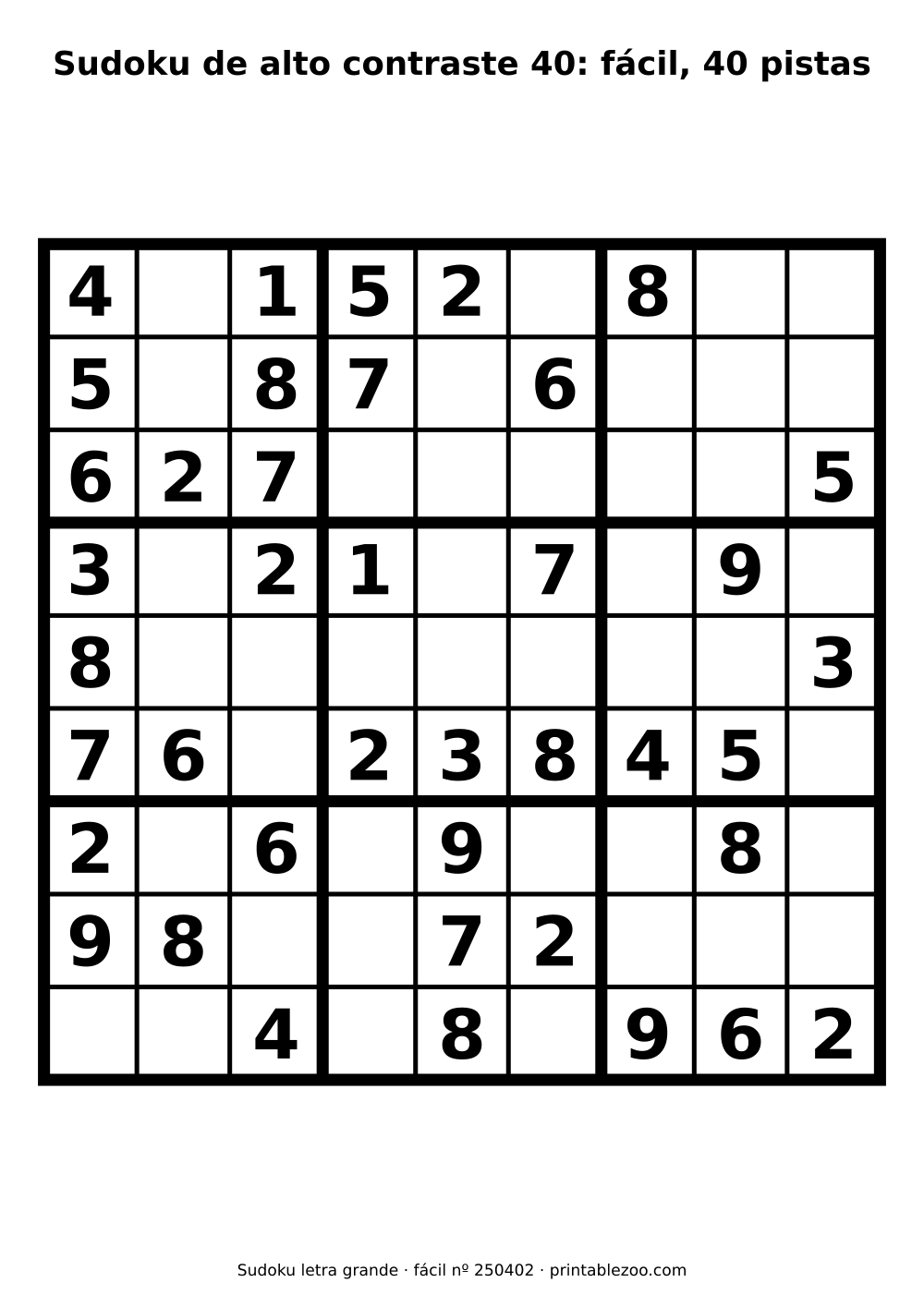 Sudoku de alto contraste para baixa visão para imprimir, nível fácil, 40 pistas, desafio 250402
