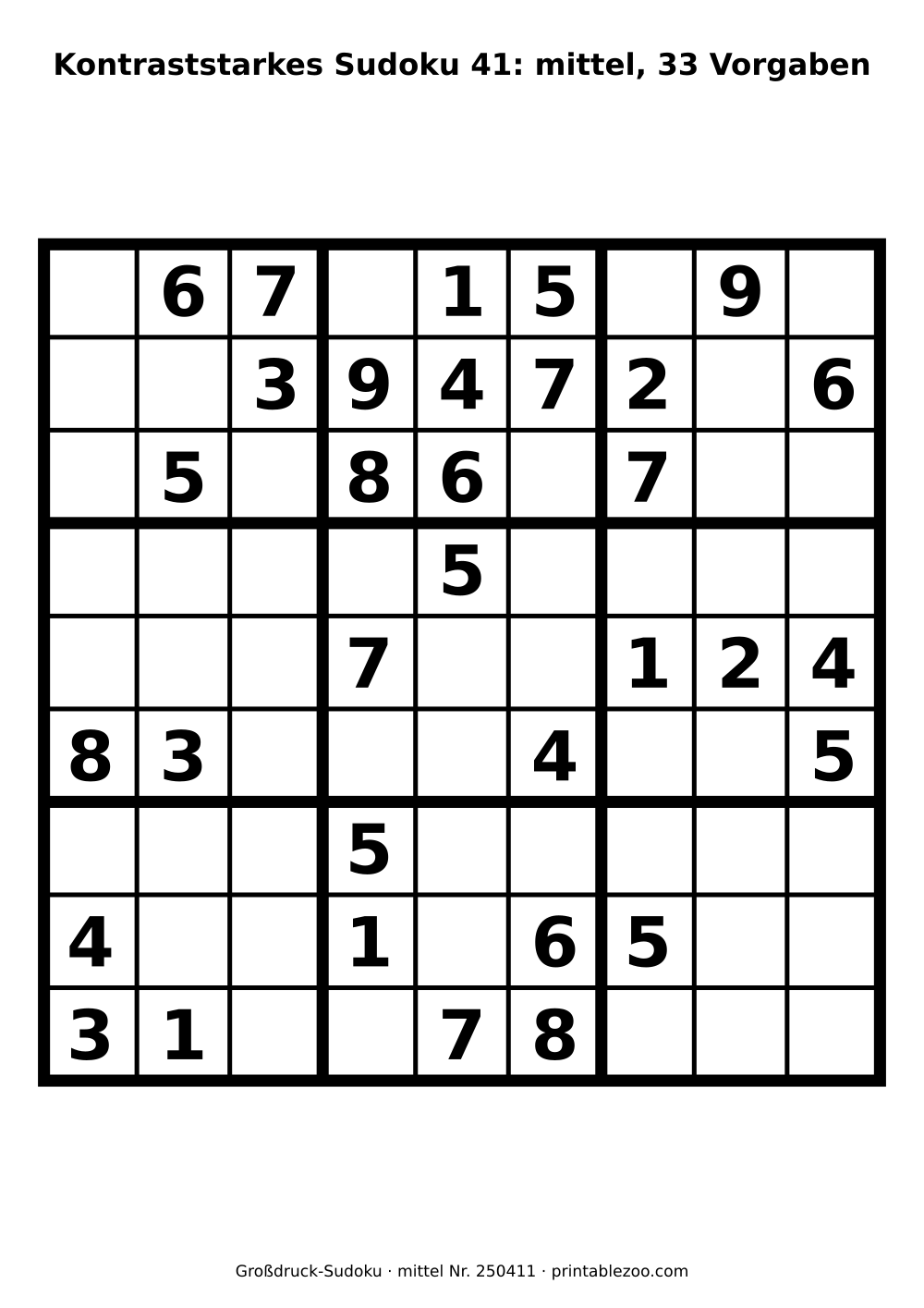 Kontraststarkes Sudoku bei Sehschwäche zum Ausdrucken, Stufe mittel, 33 Vorgaben, Rätsel 250411