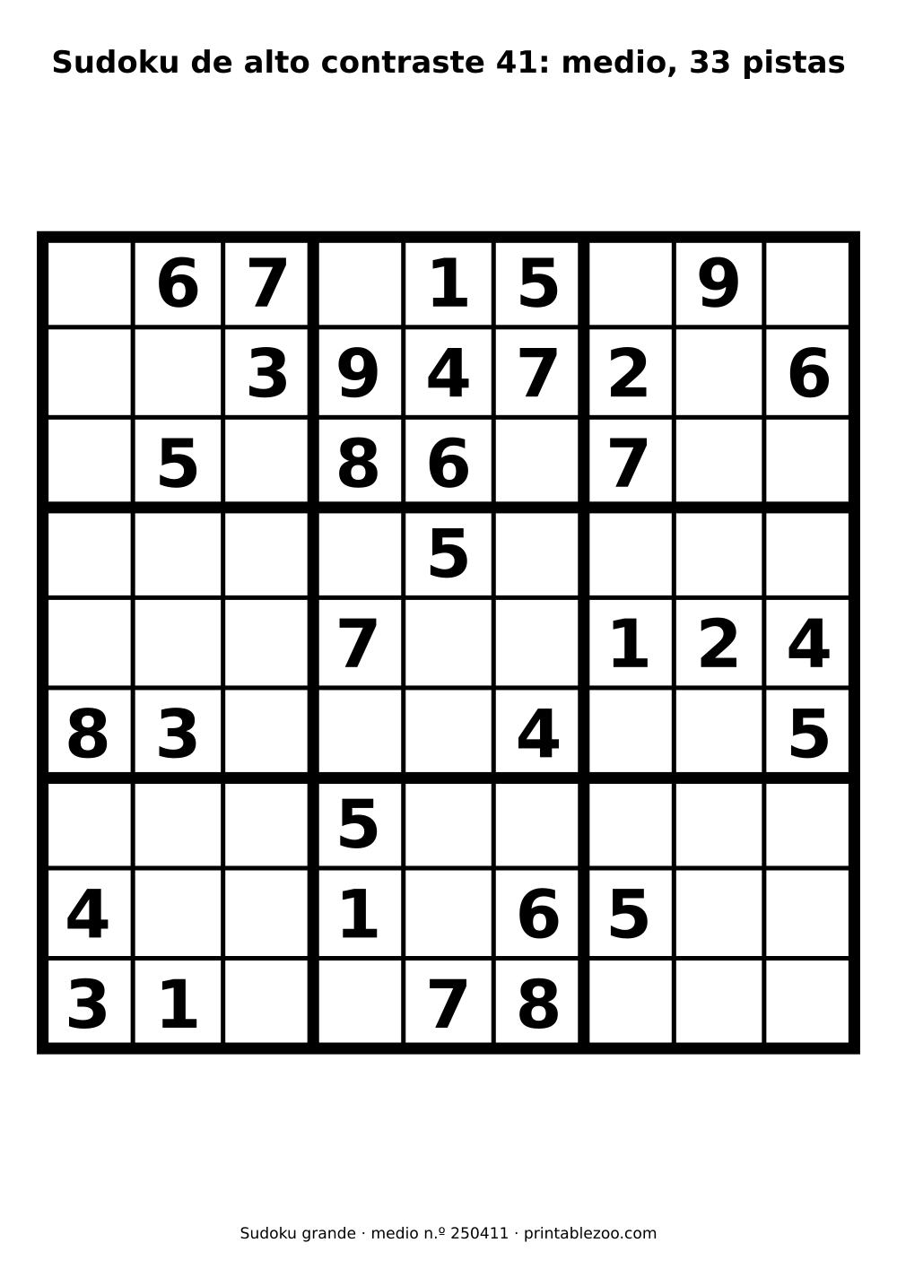 Sudoku de alto contraste para baja visión para imprimir, nivel medio, 33 pistas, pasatiempo 250411