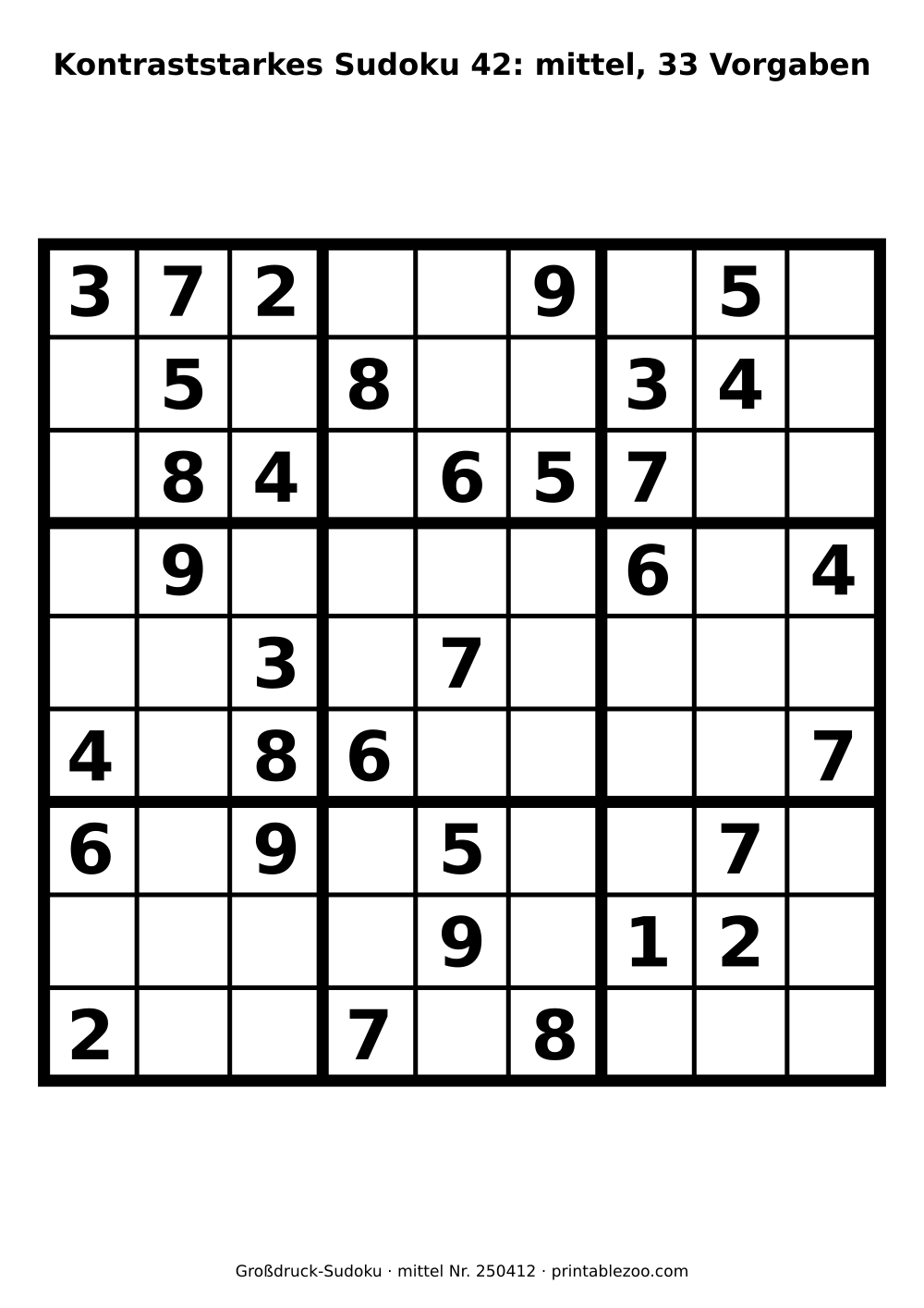 Kontraststarkes Sudoku bei Sehschwäche zum Ausdrucken, Stufe mittel, 33 Vorgaben, Rätsel 250412
