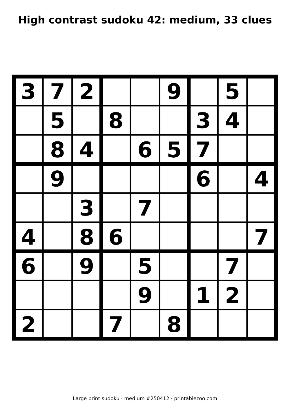 High contrast sudoku printable for low vision, medium, 33 clues, puzzle 250412