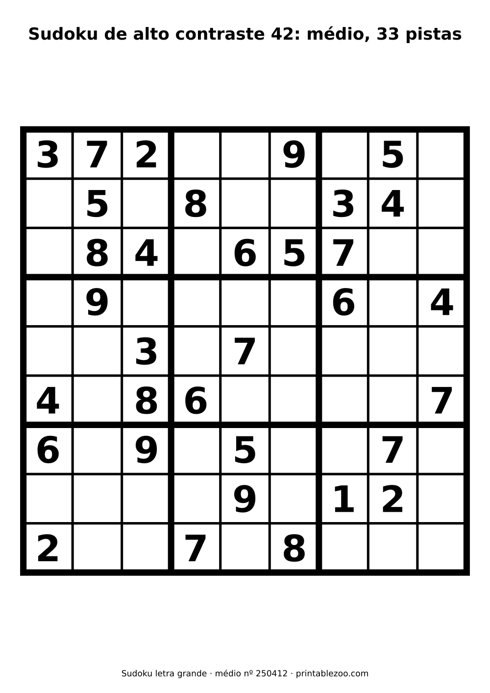 Sudoku de alto contraste para baixa visão para imprimir, nível médio, 33 pistas, desafio 250412