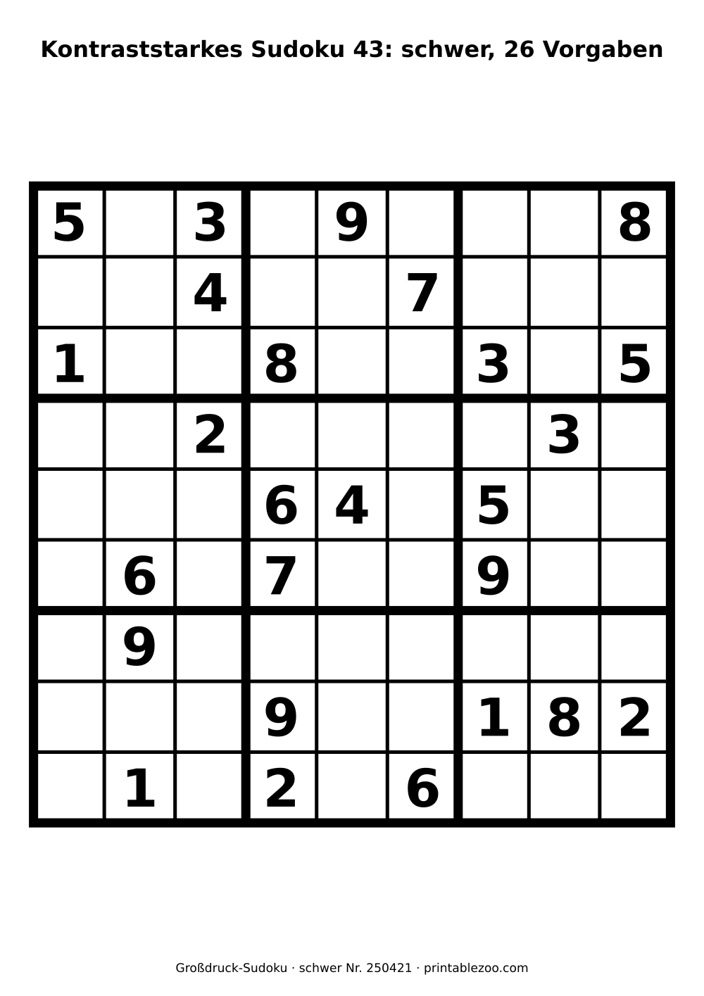 Kontraststarkes Sudoku bei Sehschwäche zum Ausdrucken, Stufe schwer, 26 Vorgaben, Rätsel 250421