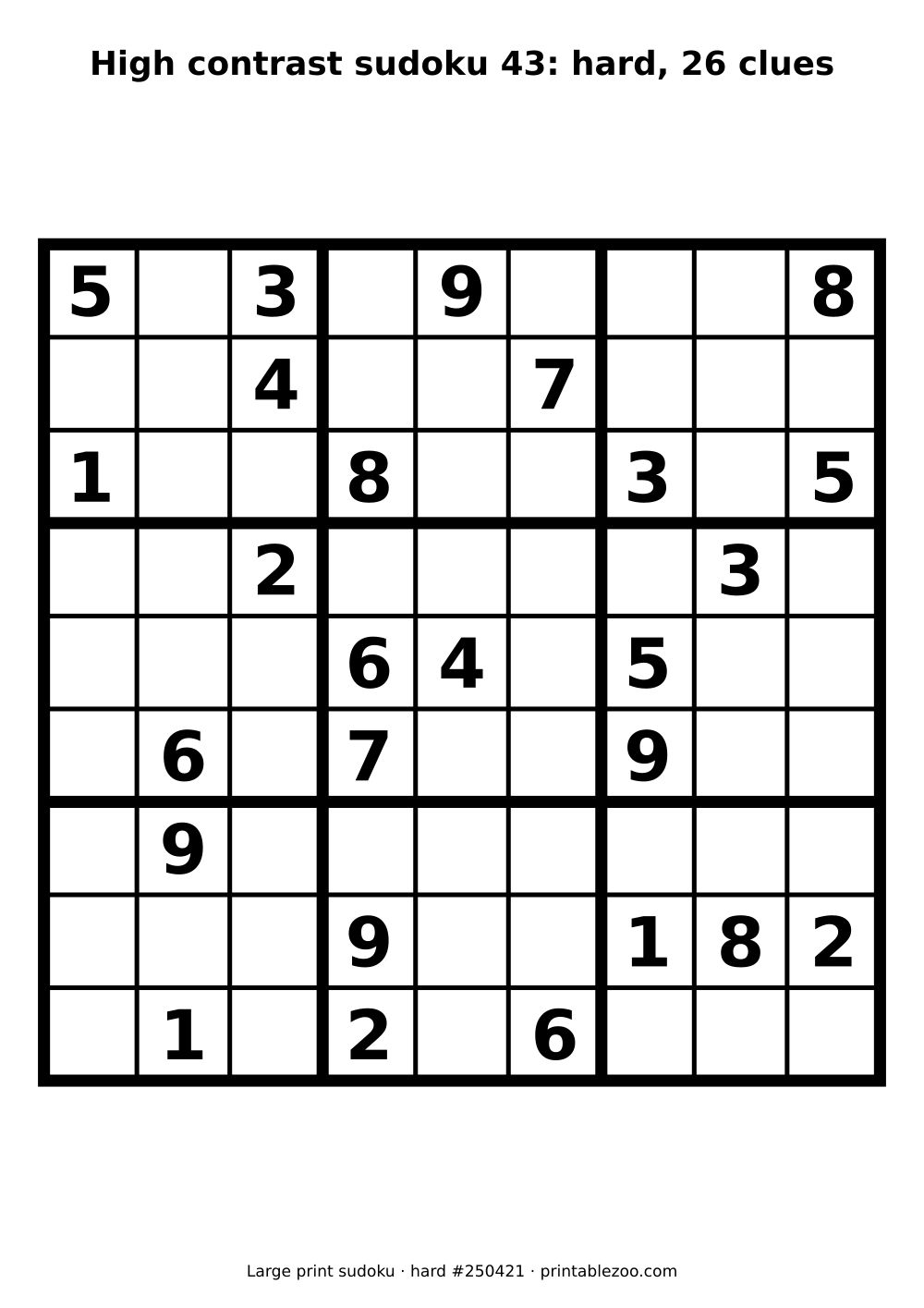 High contrast sudoku printable for low vision, hard, 26 clues, puzzle 250421