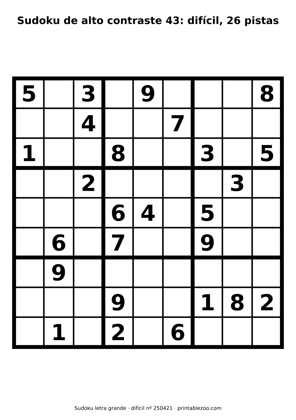 Sudoku de alto contraste para baixa visão para imprimir, nível difícil, 26 pistas, desafio 250421