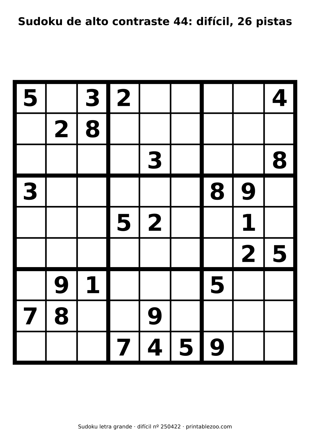 Sudoku de alto contraste para baixa visão para imprimir, nível difícil, 26 pistas, desafio 250422