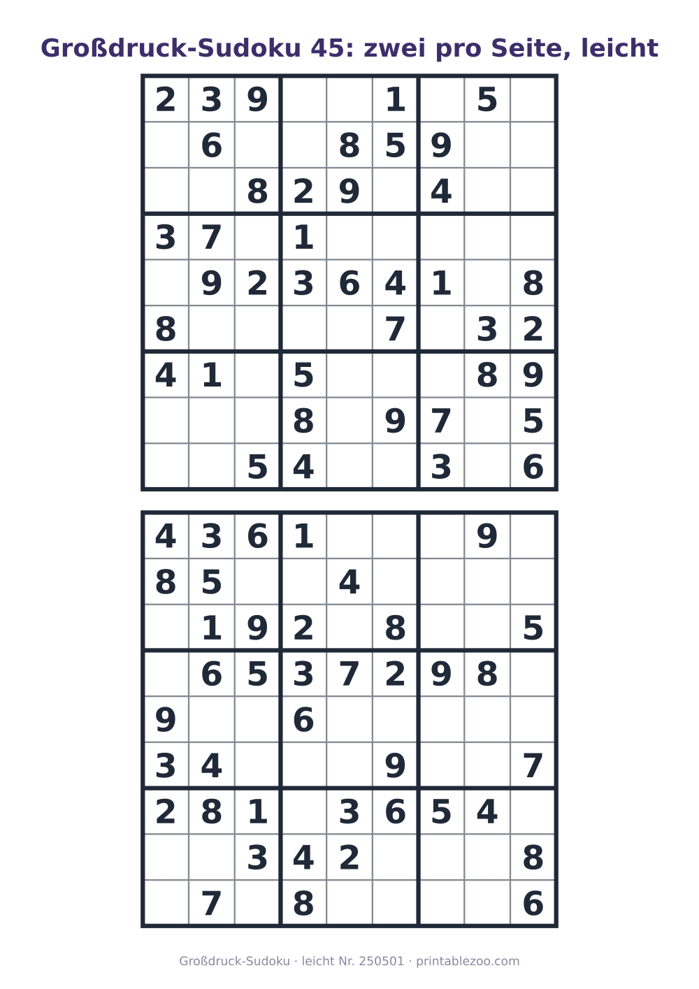 Großdruck-Sudoku zum Ausdrucken, zwei Raster der Stufe leicht pro Seite, Rätsel 250501