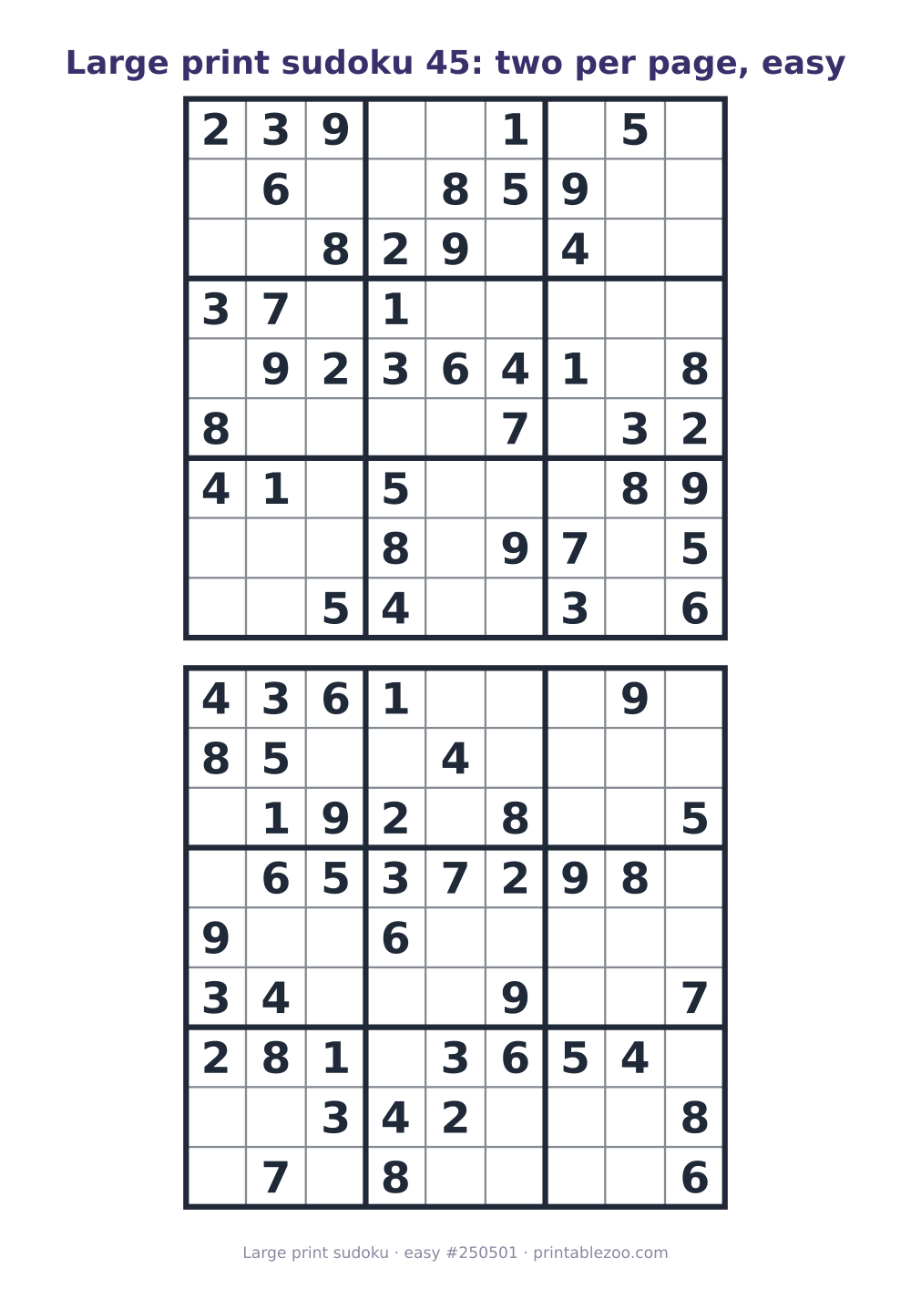 Large print sudoku printable, two easy boards per page, puzzle 250501