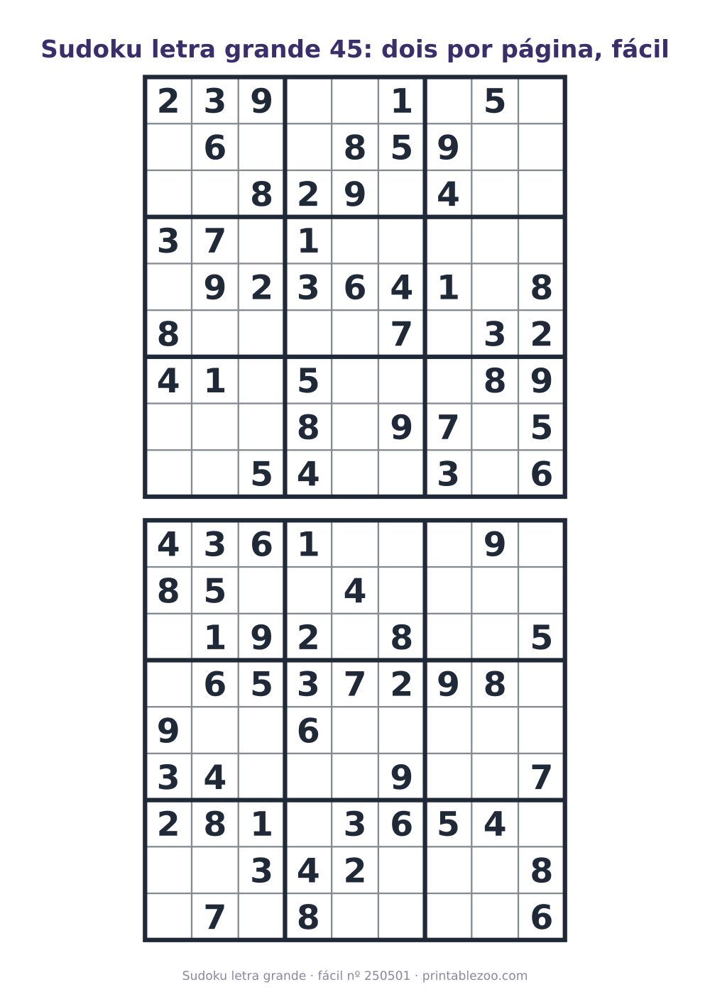 Sudoku letra grande para imprimir, dois tabuleiros de nível fácil por página, desafio 250501