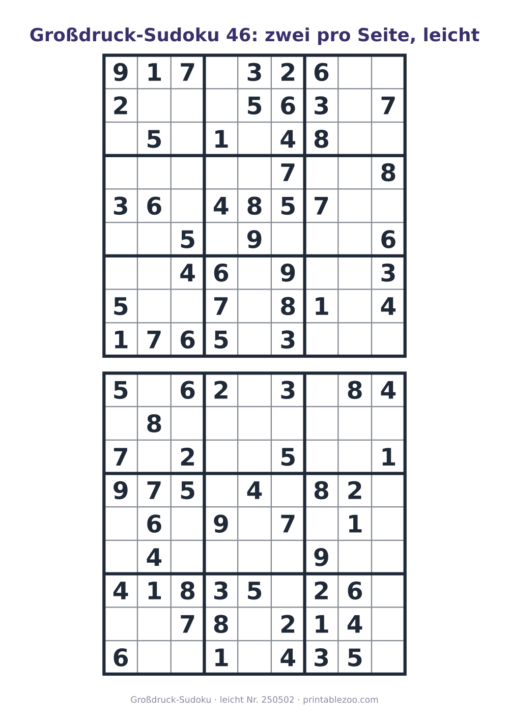 Großdruck-Sudoku zum Ausdrucken, zwei Raster der Stufe leicht pro Seite, Rätsel 250502