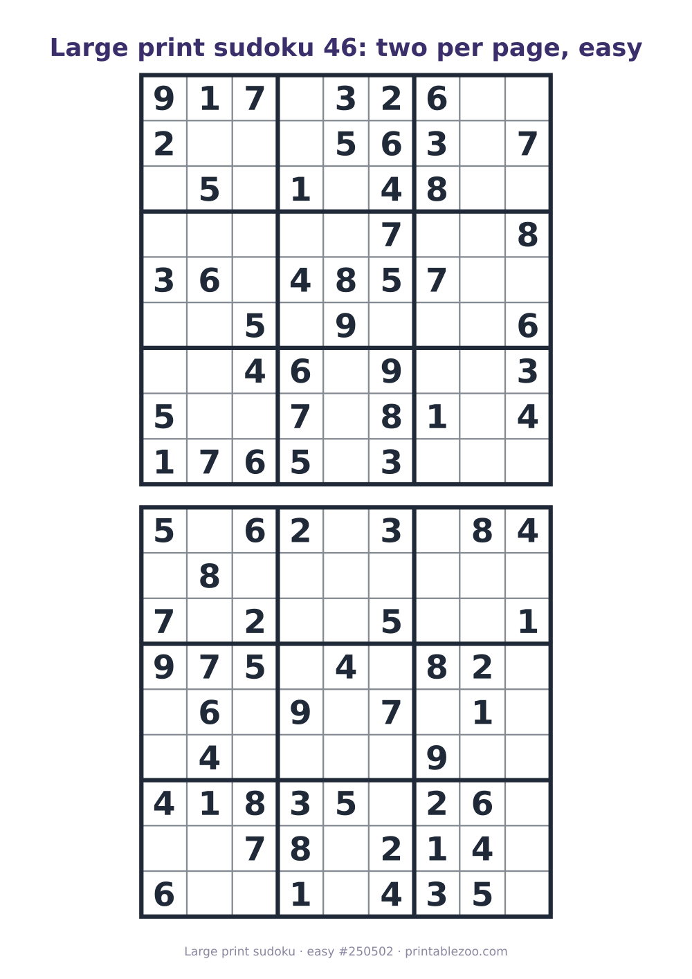 Large print sudoku printable, two easy boards per page, puzzle 250502
