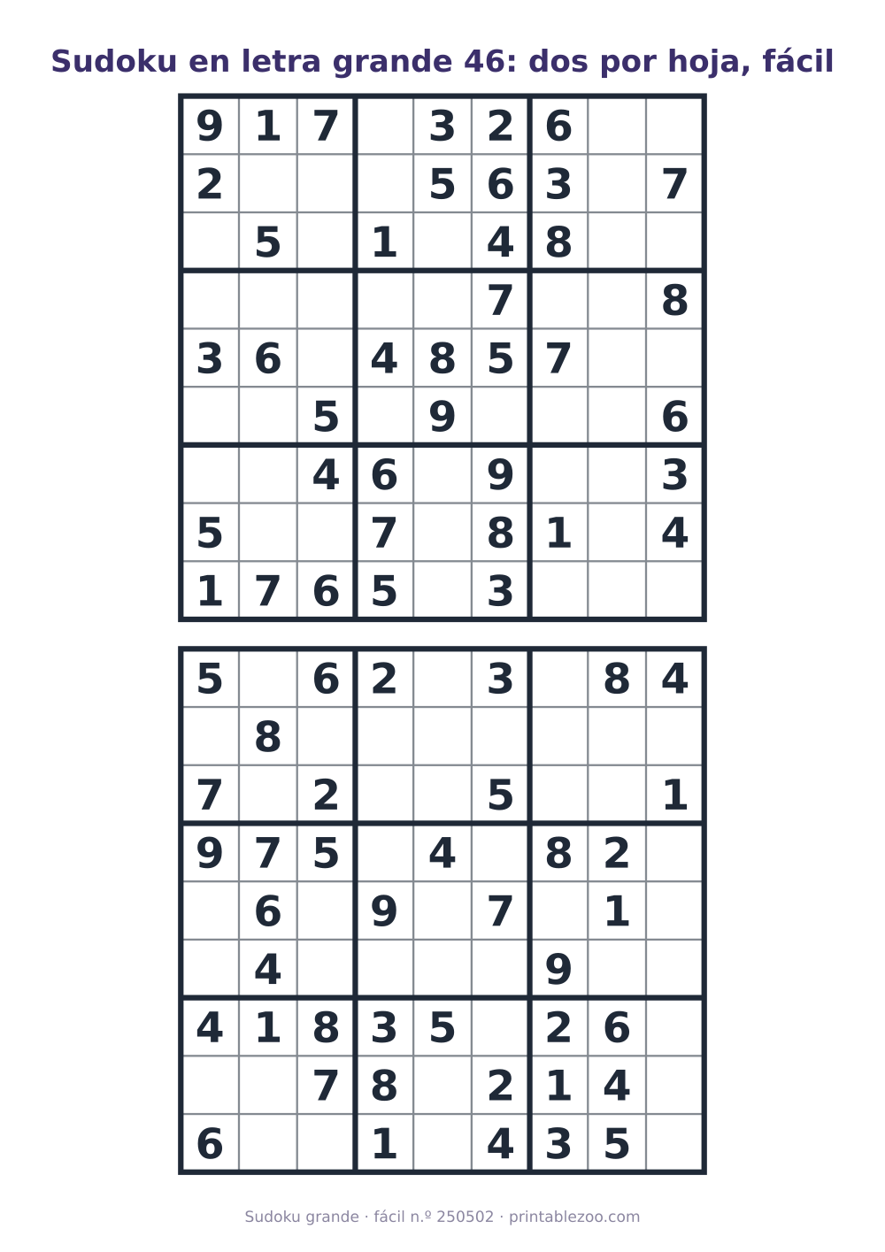 Sudoku en letra grande para imprimir, dos tableros de nivel fácil por hoja, pasatiempo 250502