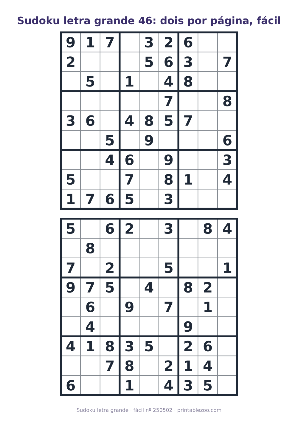 Sudoku letra grande para imprimir, dois tabuleiros de nível fácil por página, desafio 250502