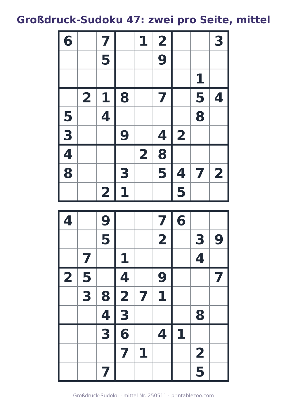 Großdruck-Sudoku zum Ausdrucken, zwei Raster der Stufe mittel pro Seite, Rätsel 250511