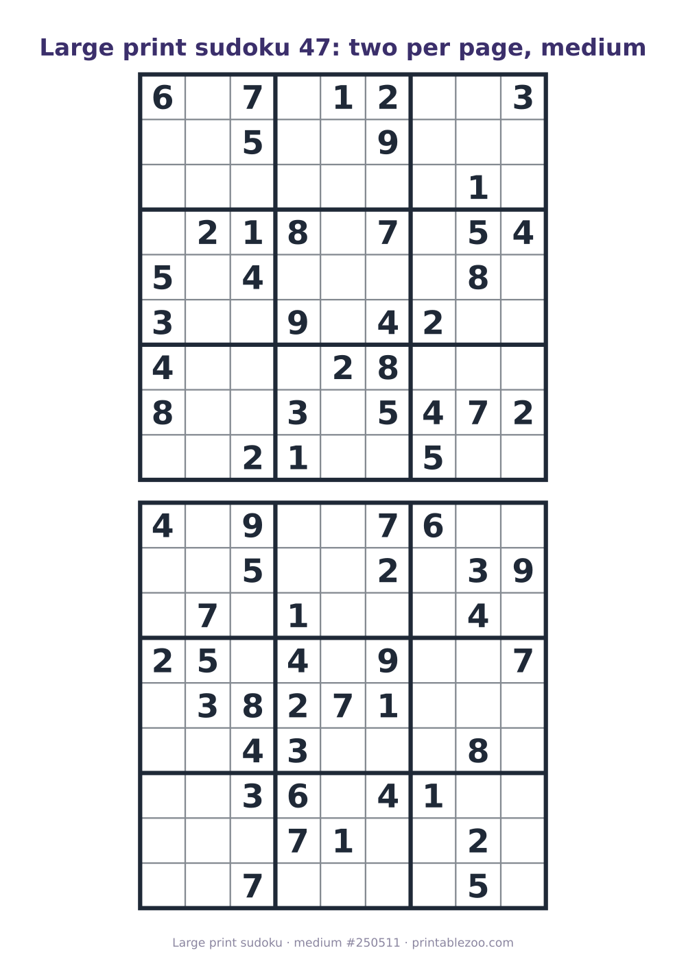 Large print sudoku printable, two medium boards per page, puzzle 250511