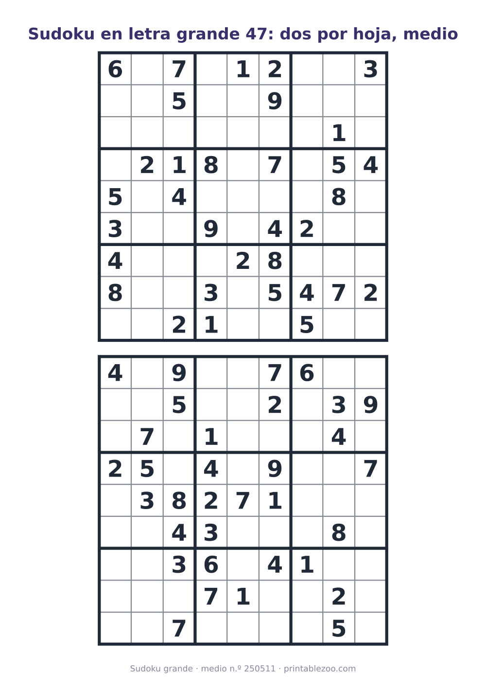 Sudoku en letra grande para imprimir, dos tableros de nivel medio por hoja, pasatiempo 250511