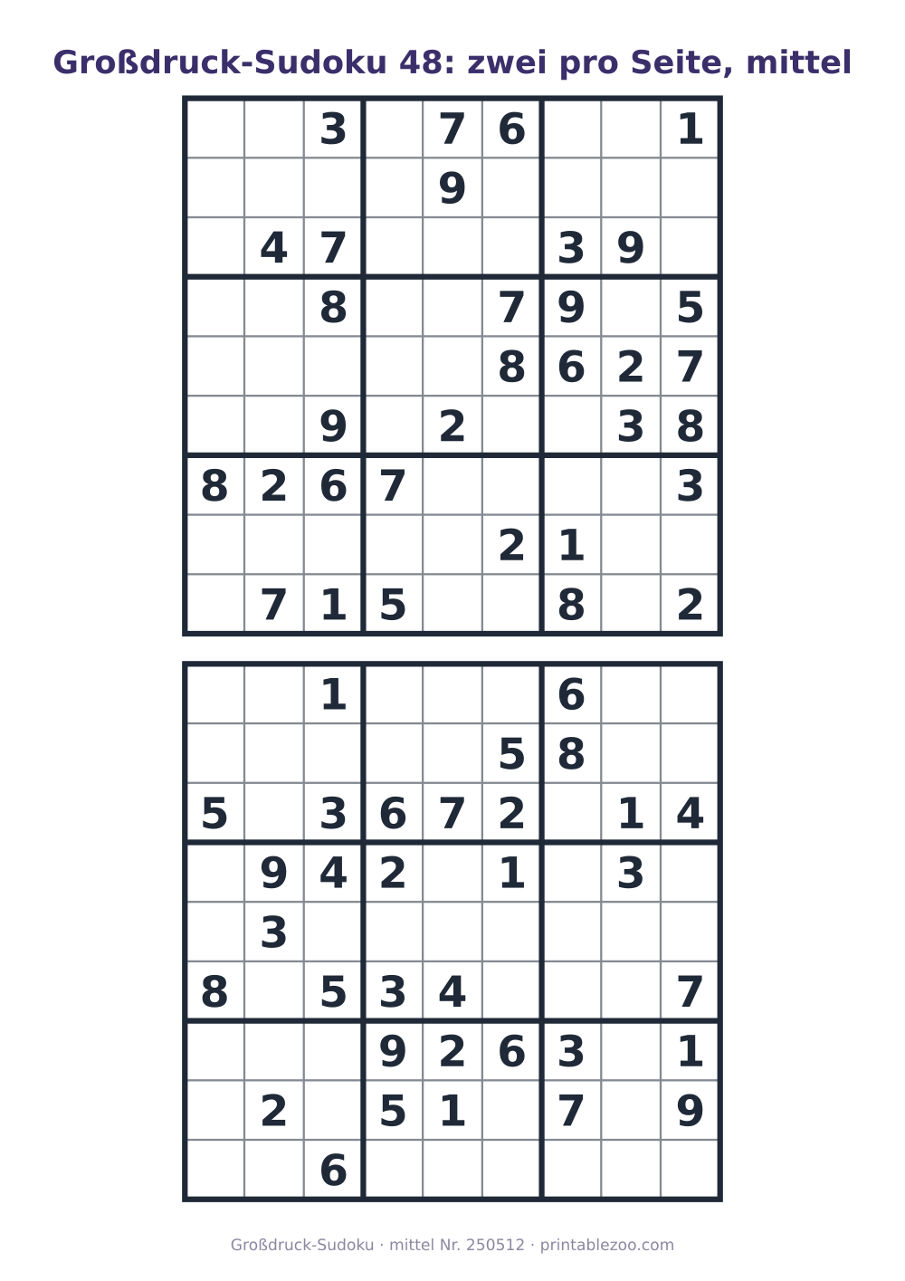 Großdruck-Sudoku zum Ausdrucken, zwei Raster der Stufe mittel pro Seite, Rätsel 250512