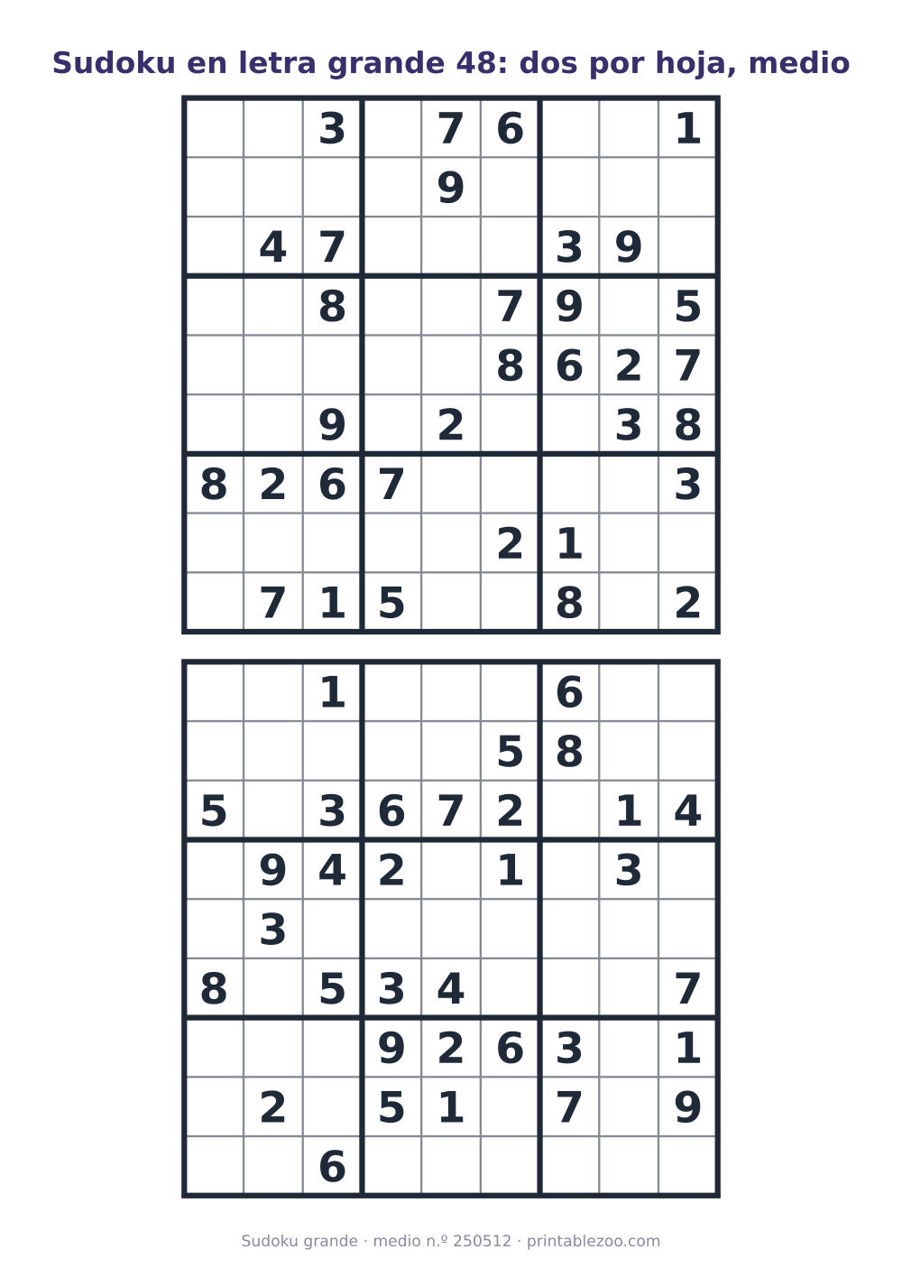 Sudoku en letra grande para imprimir, dos tableros de nivel medio por hoja, pasatiempo 250512