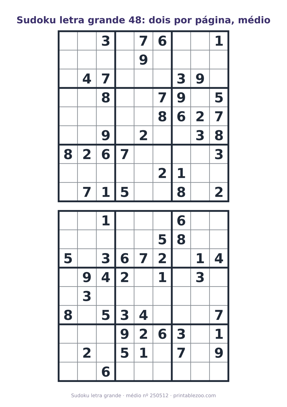 Sudoku letra grande para imprimir, dois tabuleiros de nível médio por página, desafio 250512