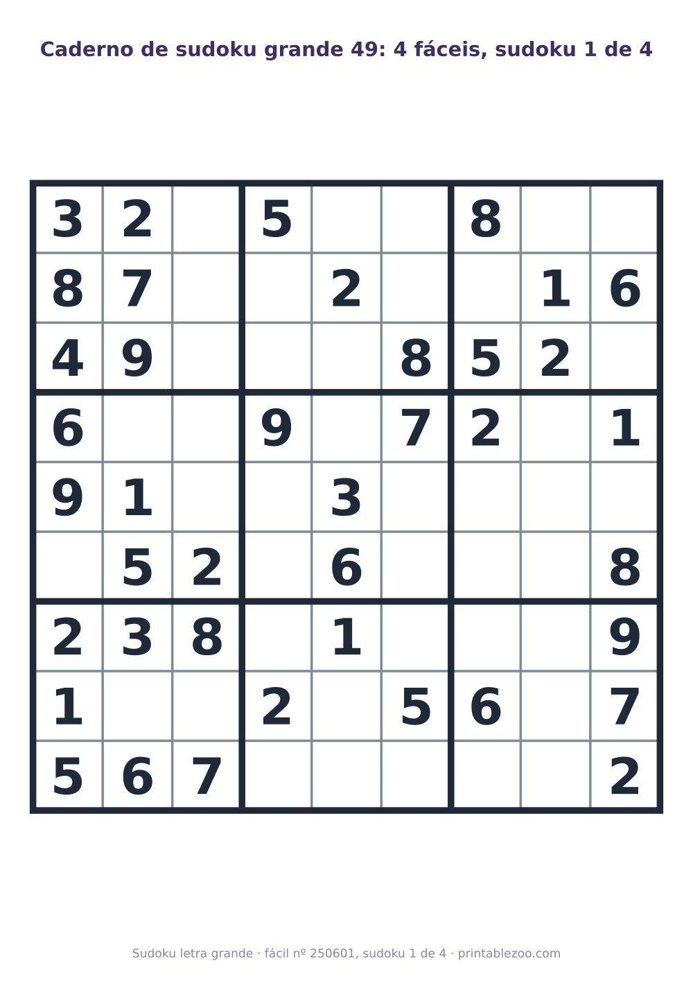 Caderno de sudoku letra grande para imprimir, quatro tabuleiros de nível fácil com soluções, desafio 250601