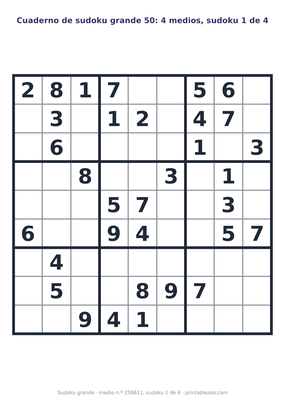 Cuaderno de sudoku en letra grande para imprimir, cuatro tableros de nivel medio con soluciones, pasatiempo 250611