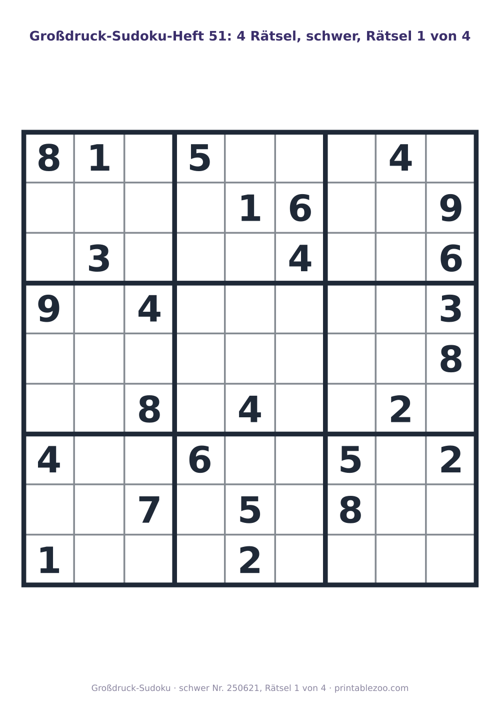 Großdruck-Sudoku-Heft zum Ausdrucken, vier Raster der Stufe schwer mit Lösungen, Rätsel 250621