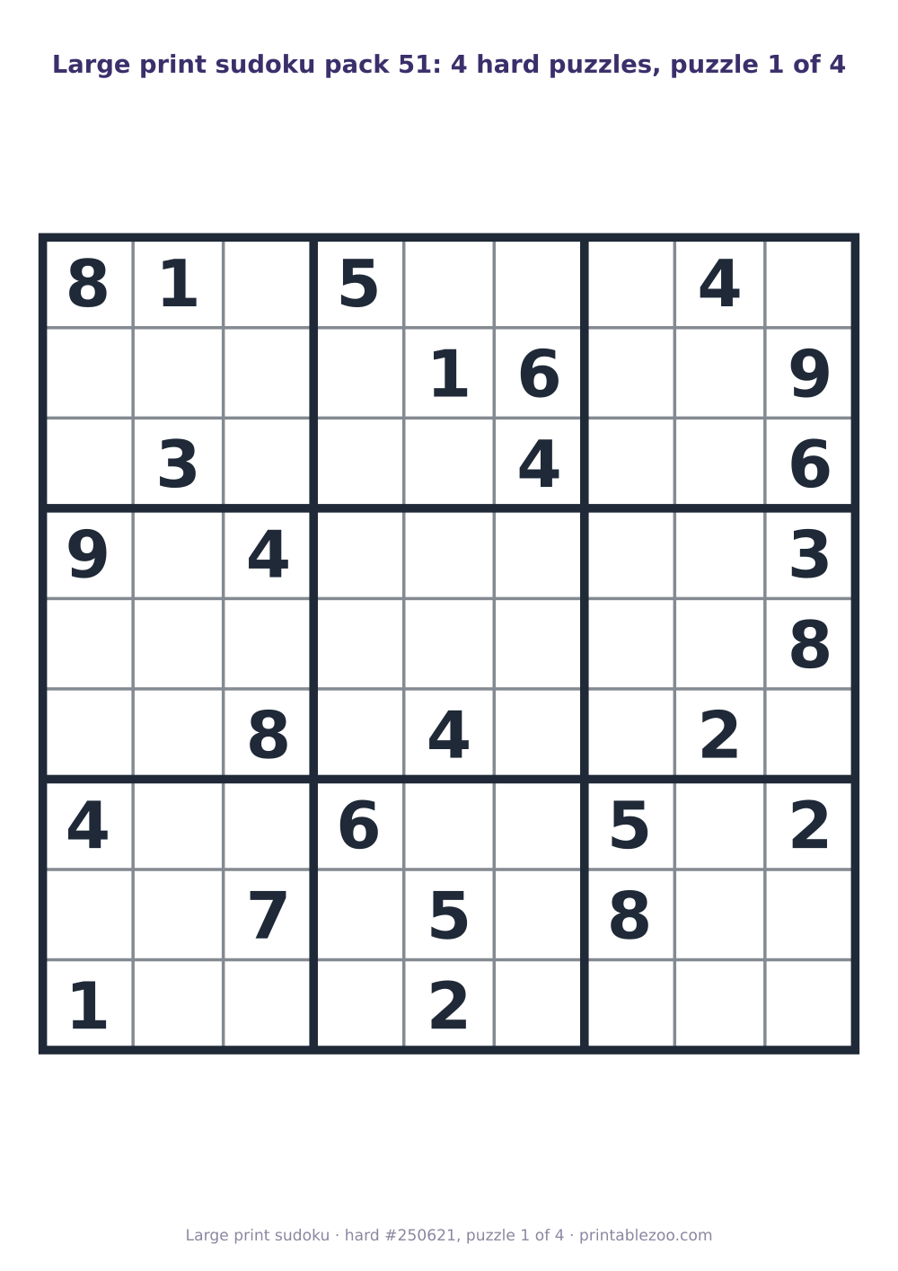 Large print sudoku printable pack, four hard boards with answers, puzzle 250621