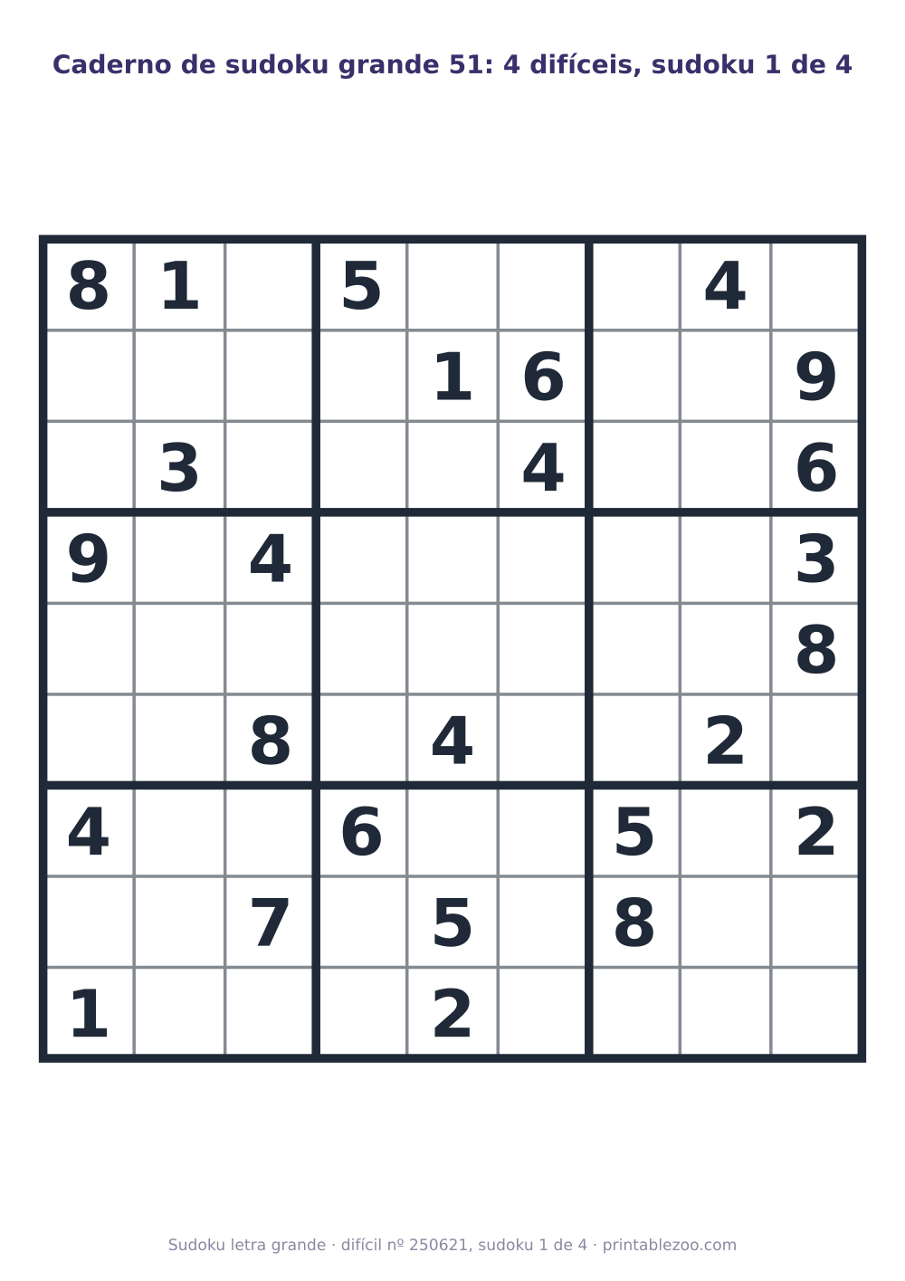 Caderno de sudoku letra grande para imprimir, quatro tabuleiros de nível difícil com soluções, desafio 250621