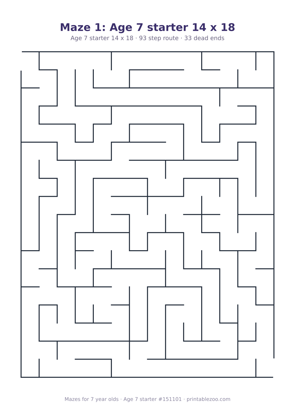 Printable maze for 7 year olds, age 7 starter level, a 14 by 18 grid with 33 dead ends, puzzle 151101