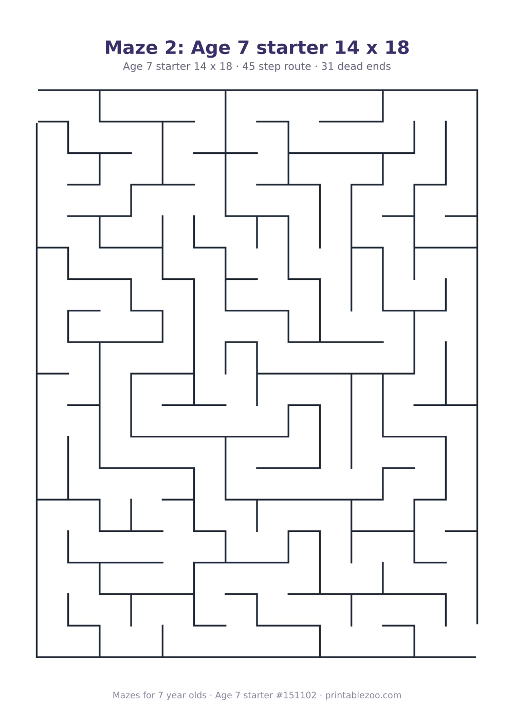 Printable maze for 7 year olds, age 7 starter level, a 14 by 18 grid with 31 dead ends, puzzle 151102