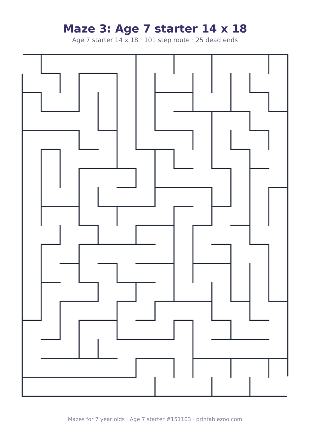 Printable maze for 7 year olds, age 7 starter level, a 14 by 18 grid with 25 dead ends, puzzle 151103
