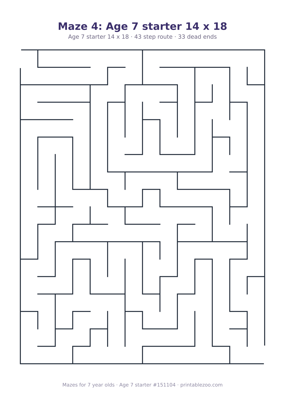 Printable maze for 7 year olds, age 7 starter level, a 14 by 18 grid with 33 dead ends, puzzle 151104