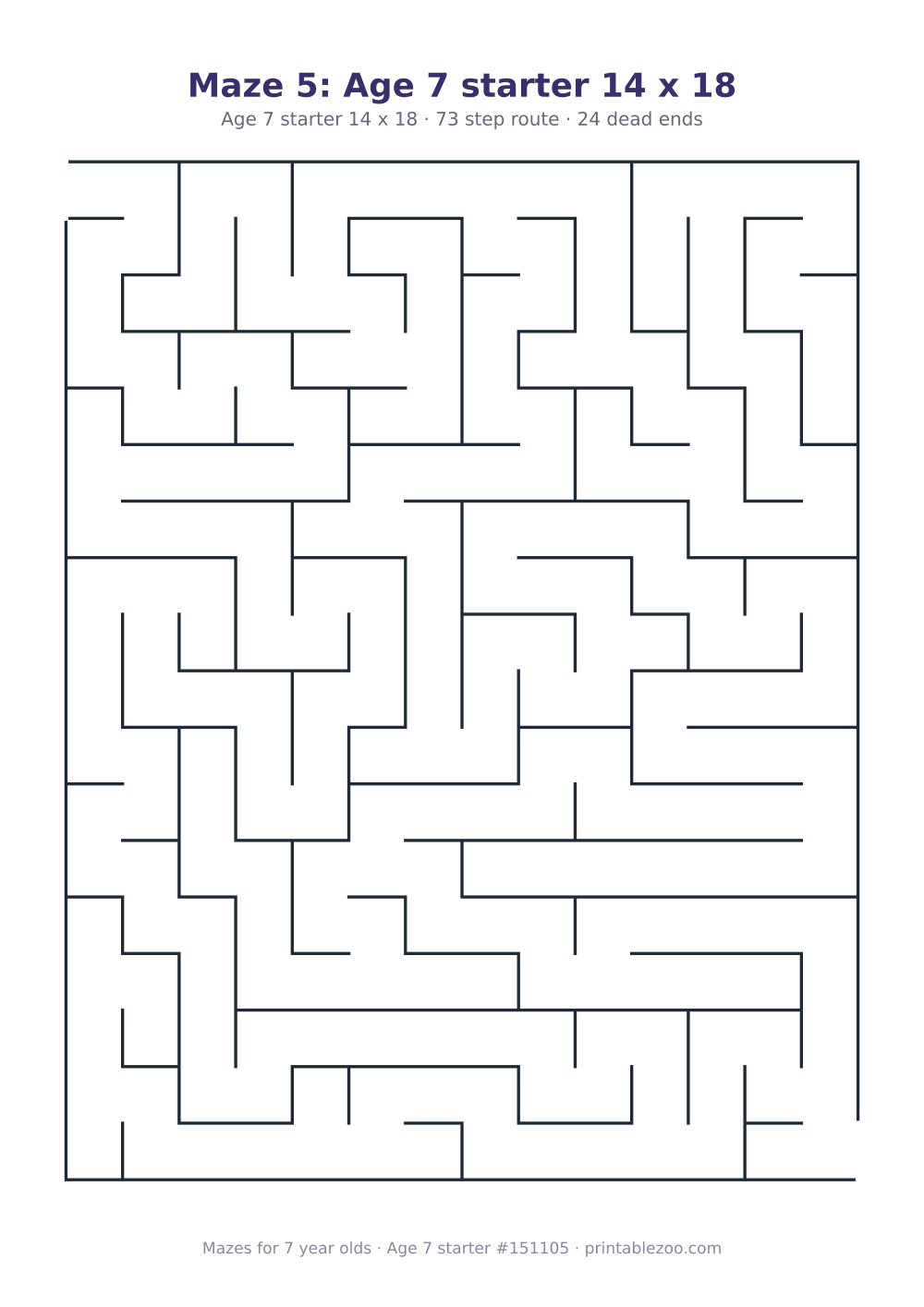Printable maze for 7 year olds, age 7 starter level, a 14 by 18 grid with 24 dead ends, puzzle 151105