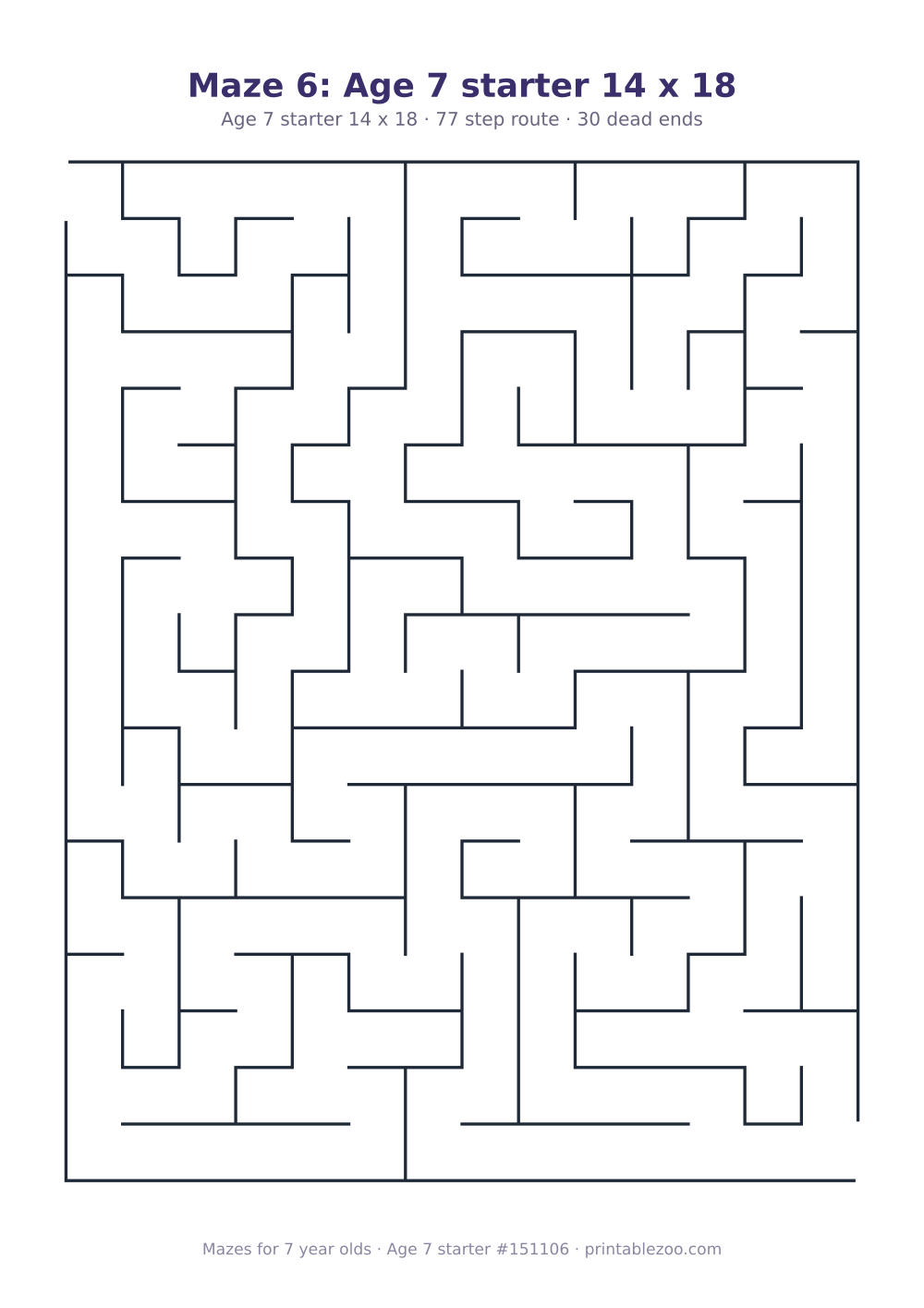 Printable maze for 7 year olds, age 7 starter level, a 14 by 18 grid with 30 dead ends, puzzle 151106