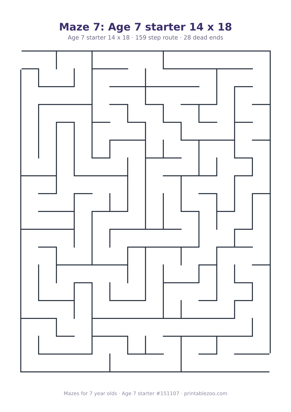 Printable maze for 7 year olds, age 7 starter level, a 14 by 18 grid with 28 dead ends, puzzle 151107