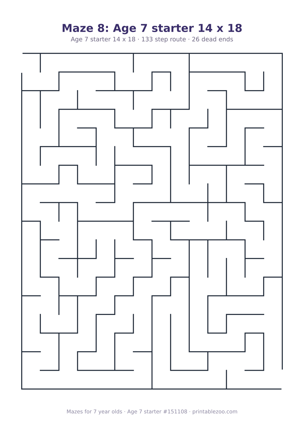 Printable maze for 7 year olds, age 7 starter level, a 14 by 18 grid with 26 dead ends, puzzle 151108