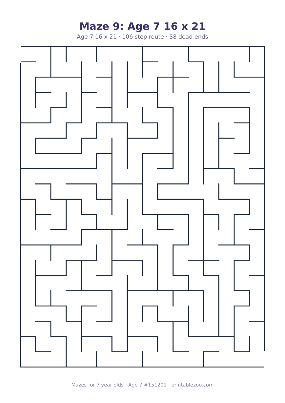 Printable maze for 7 year olds, age 7 level, a 16 by 21 grid with 38 dead ends, puzzle 151201