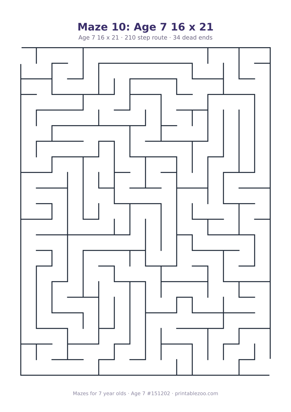 Printable maze for 7 year olds, age 7 level, a 16 by 21 grid with 34 dead ends, puzzle 151202