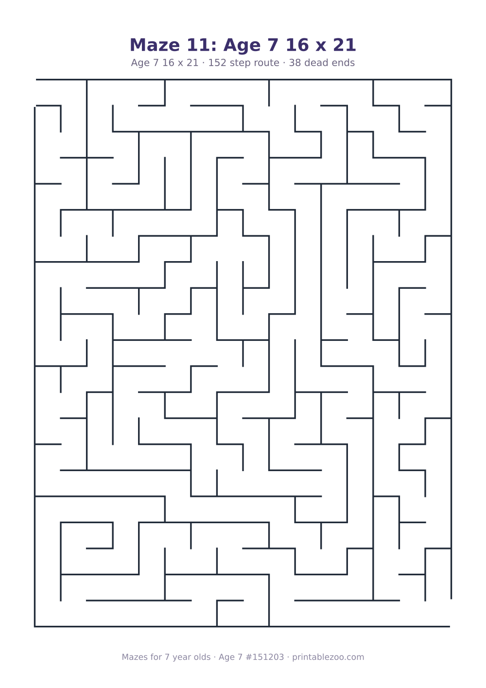 Printable maze for 7 year olds, age 7 level, a 16 by 21 grid with 38 dead ends, puzzle 151203