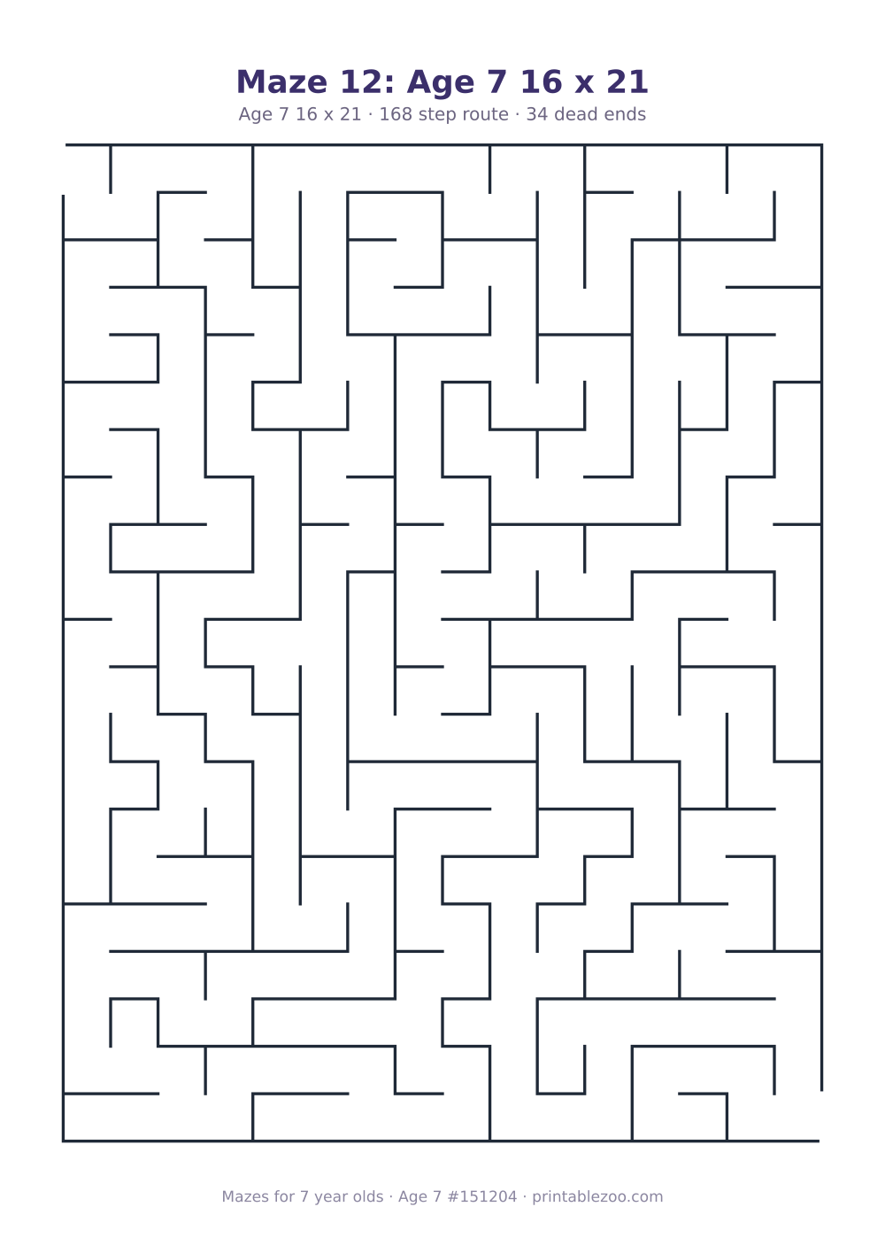 Printable maze for 7 year olds, age 7 level, a 16 by 21 grid with 34 dead ends, puzzle 151204