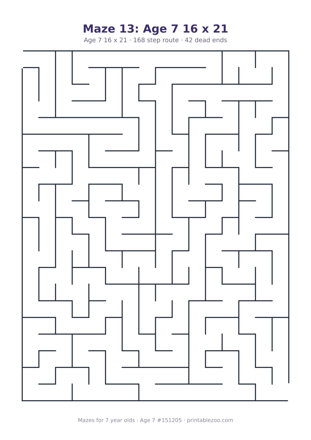 Printable maze for 7 year olds, age 7 level, a 16 by 21 grid with 42 dead ends, puzzle 151205