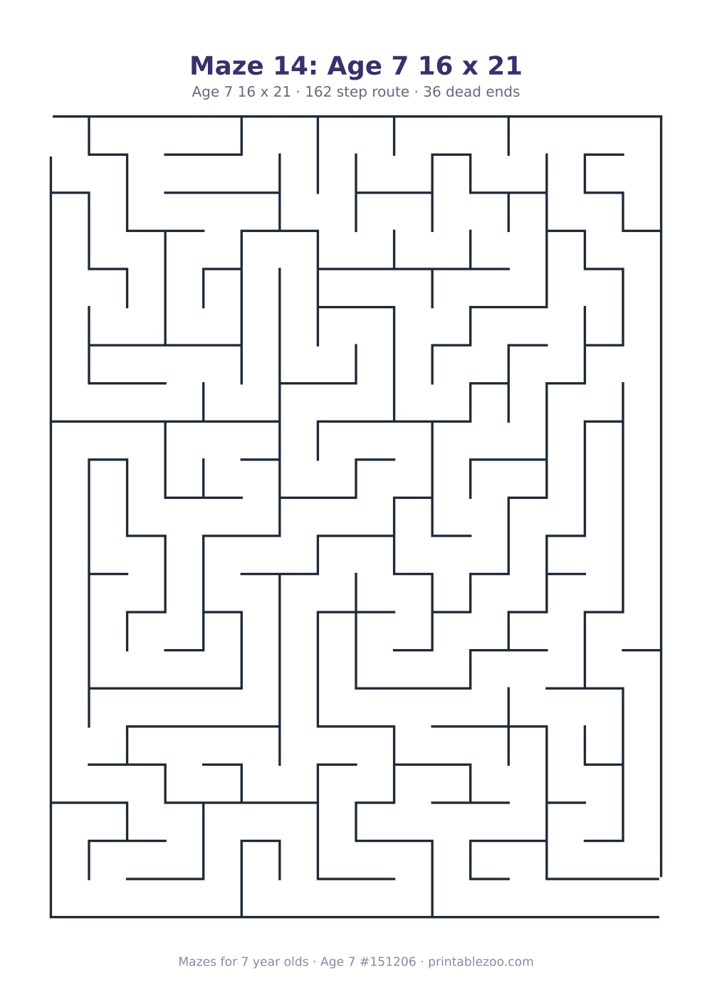 Printable maze for 7 year olds, age 7 level, a 16 by 21 grid with 36 dead ends, puzzle 151206