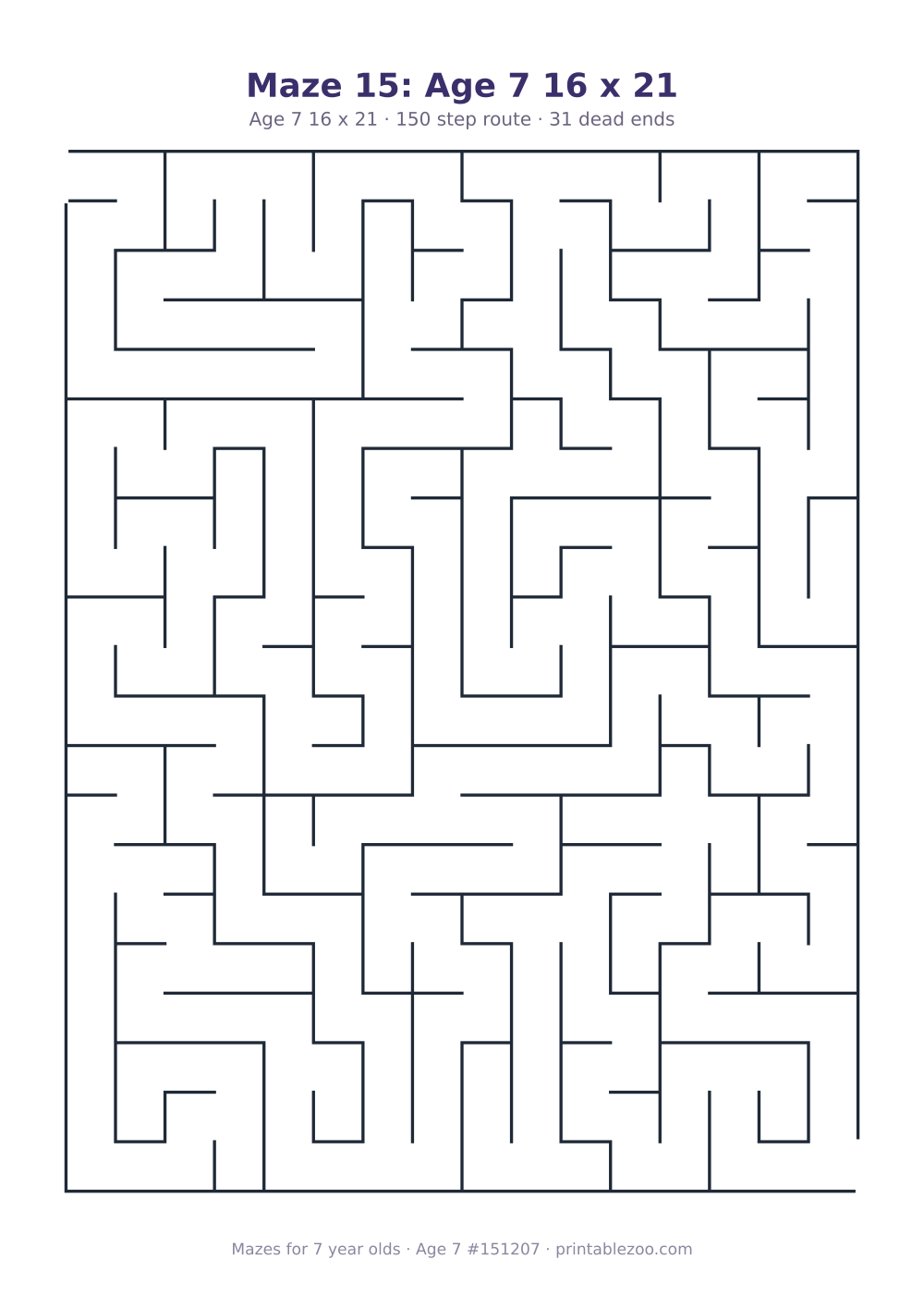 Printable maze for 7 year olds, age 7 level, a 16 by 21 grid with 31 dead ends, puzzle 151207