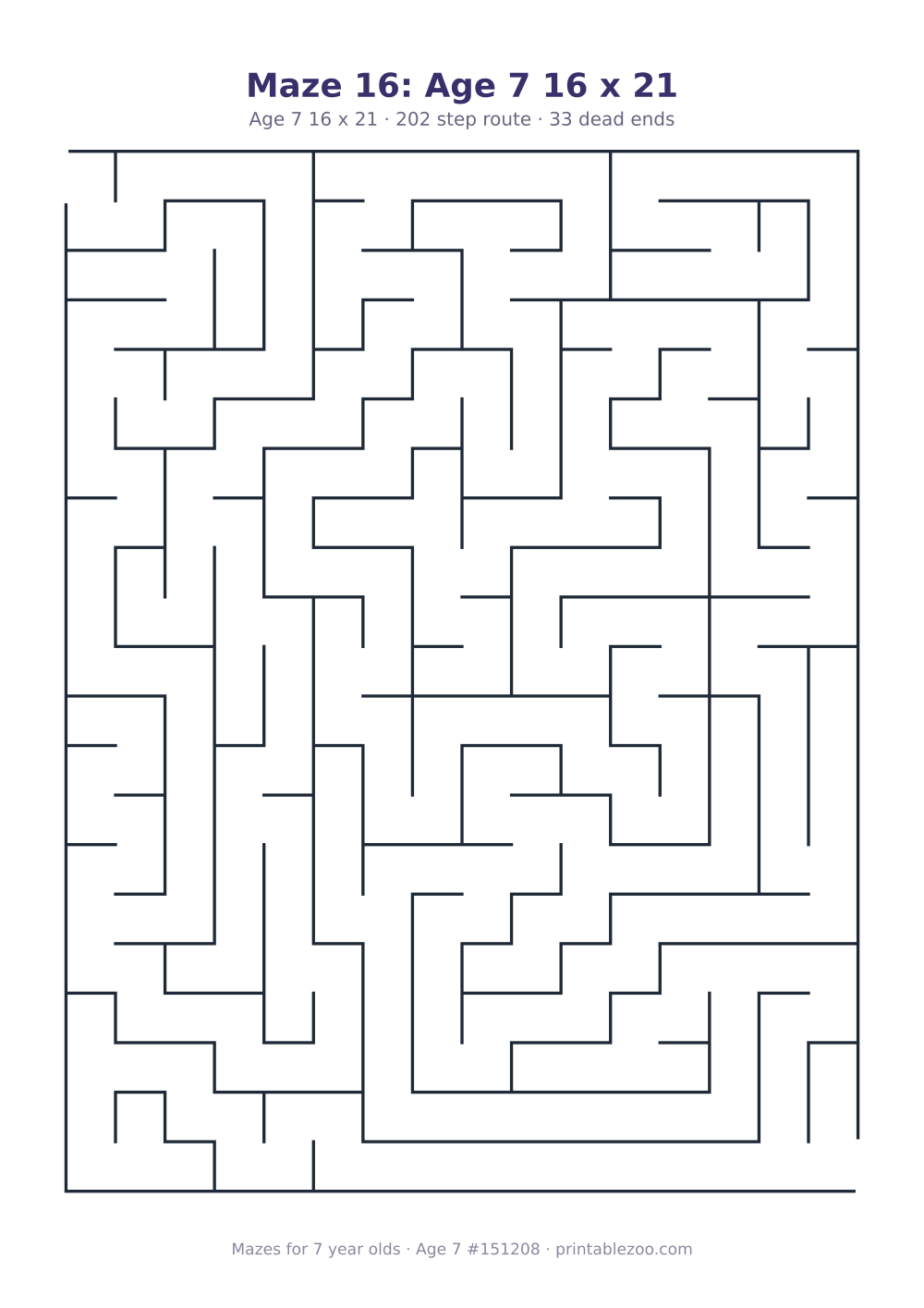 Printable maze for 7 year olds, age 7 level, a 16 by 21 grid with 33 dead ends, puzzle 151208