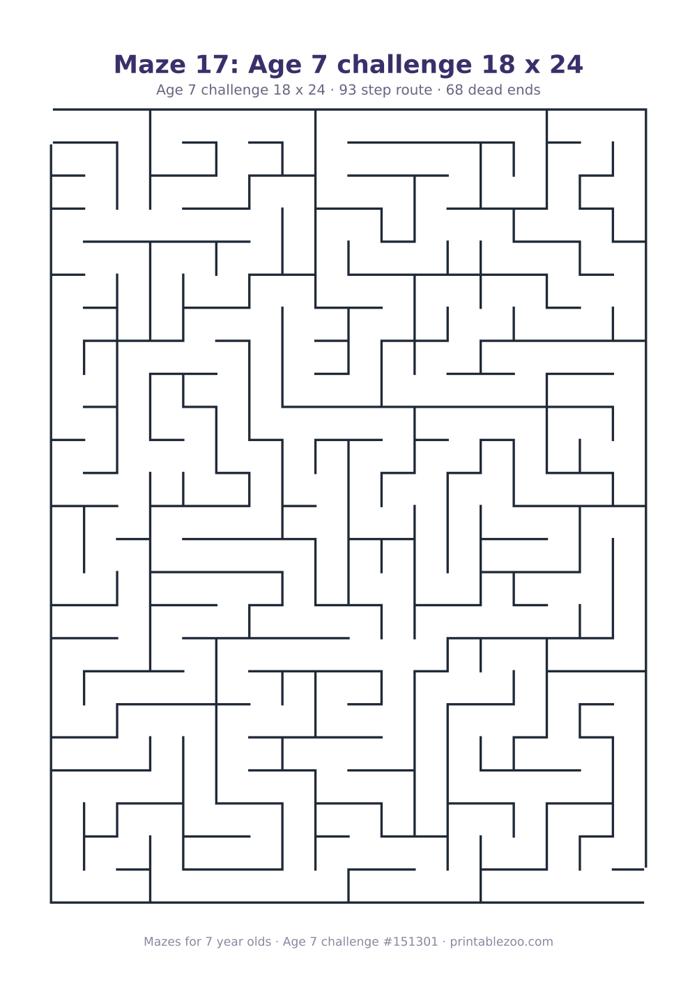 Printable maze for 7 year olds, age 7 challenge level, a 18 by 24 grid with 68 dead ends, puzzle 151301