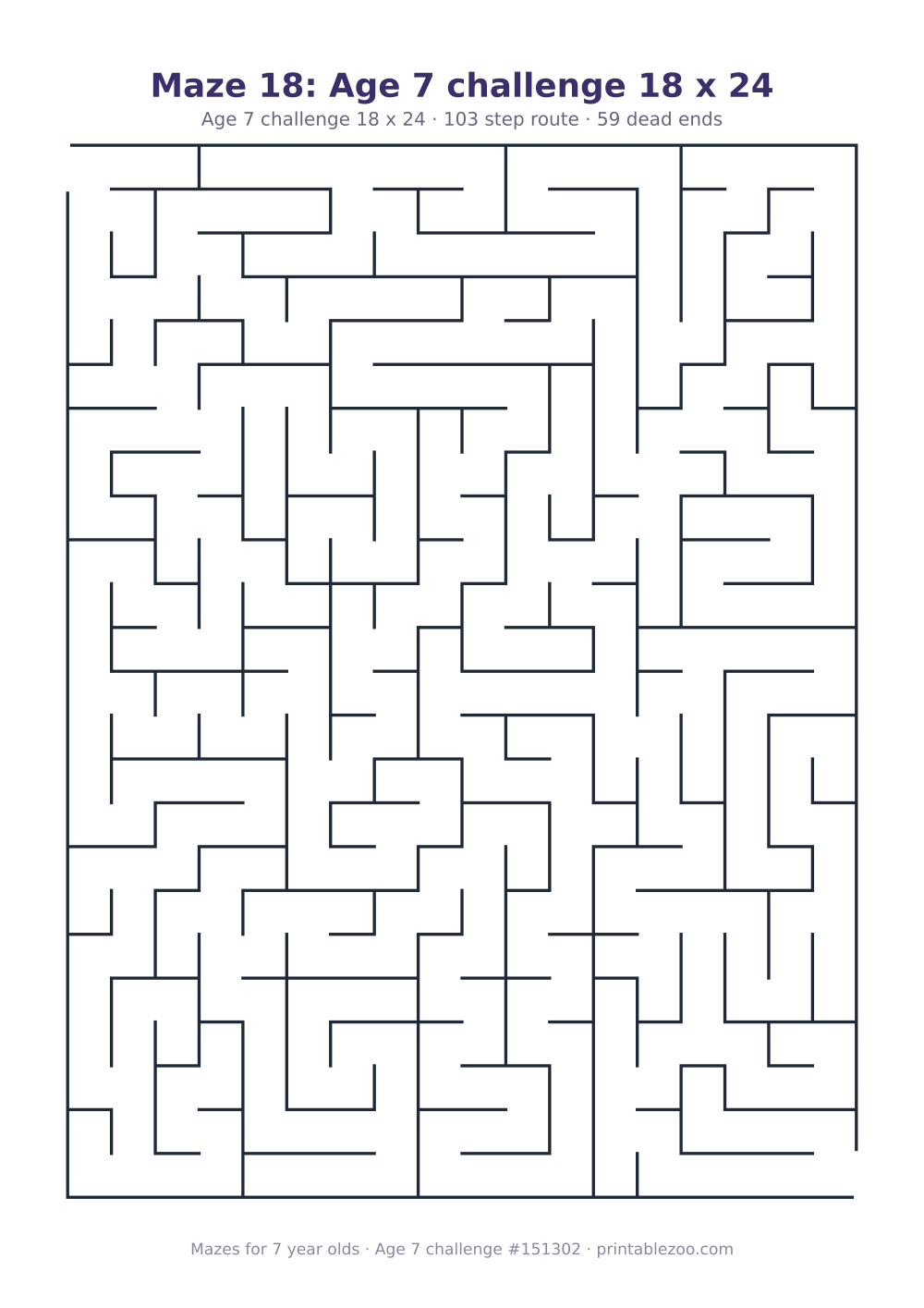 Printable maze for 7 year olds, age 7 challenge level, a 18 by 24 grid with 59 dead ends, puzzle 151302