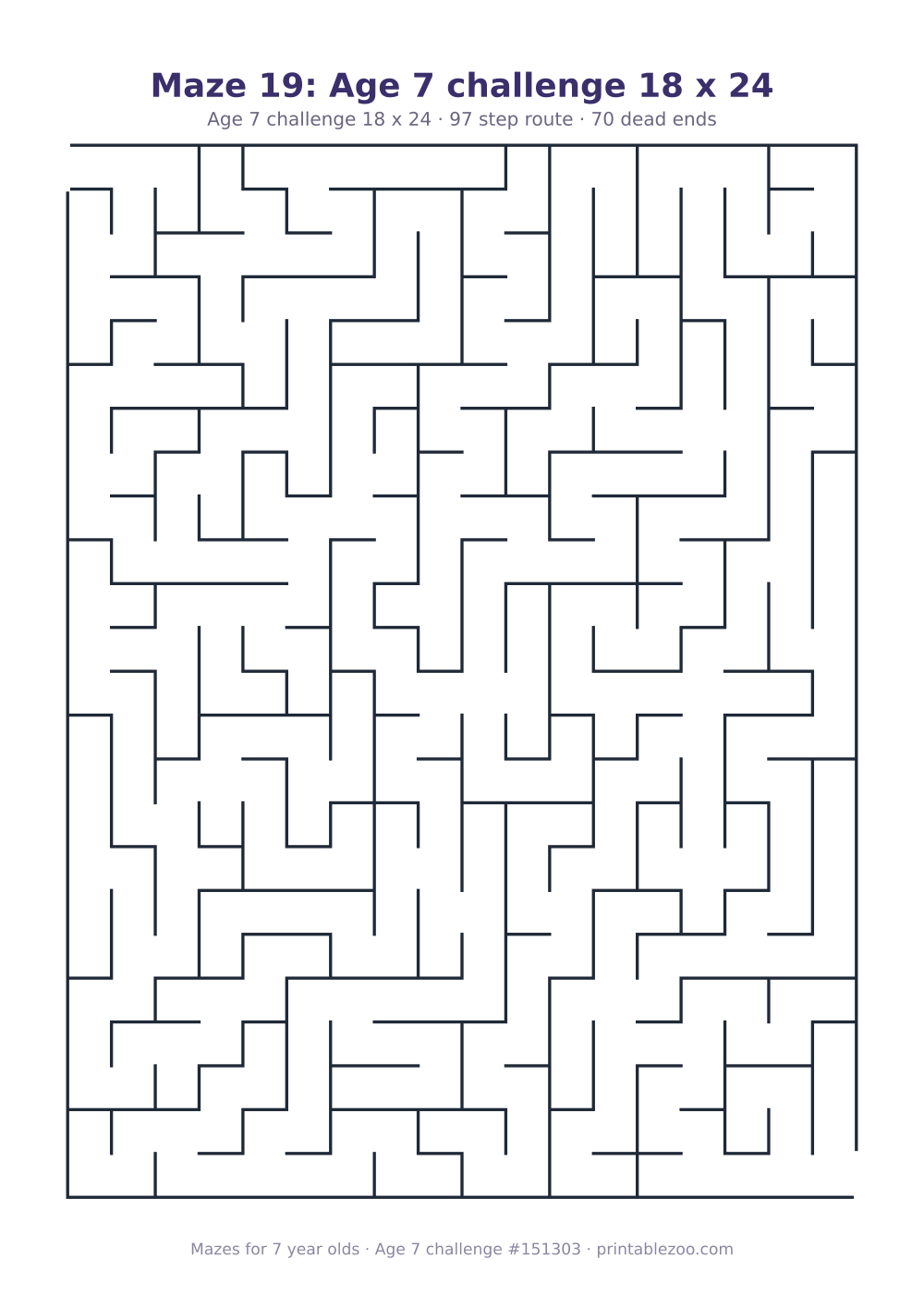 Printable maze for 7 year olds, age 7 challenge level, a 18 by 24 grid with 70 dead ends, puzzle 151303